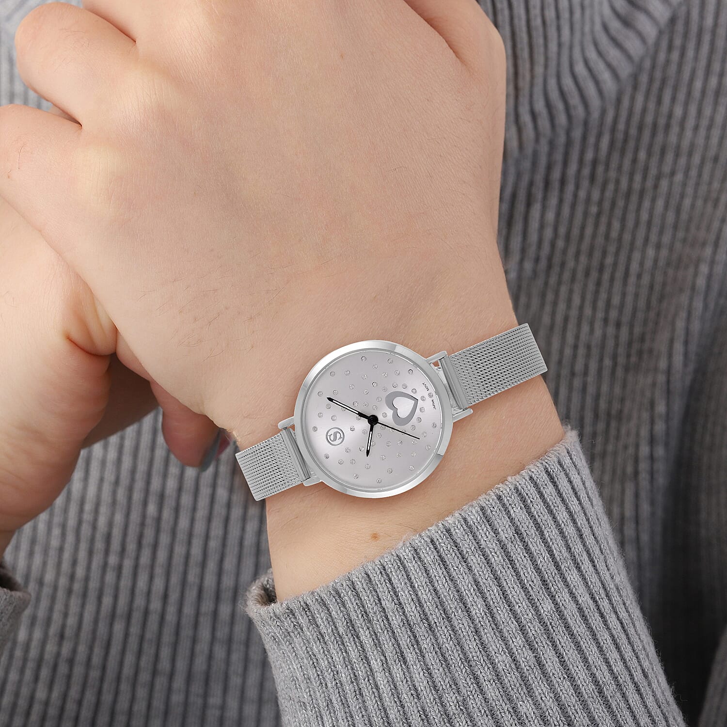 STRADA Japanese Movement Heart Pattern Crystal Studded Water Resistant Watch with Stainless Steel Mesh Strap in Silver Tone