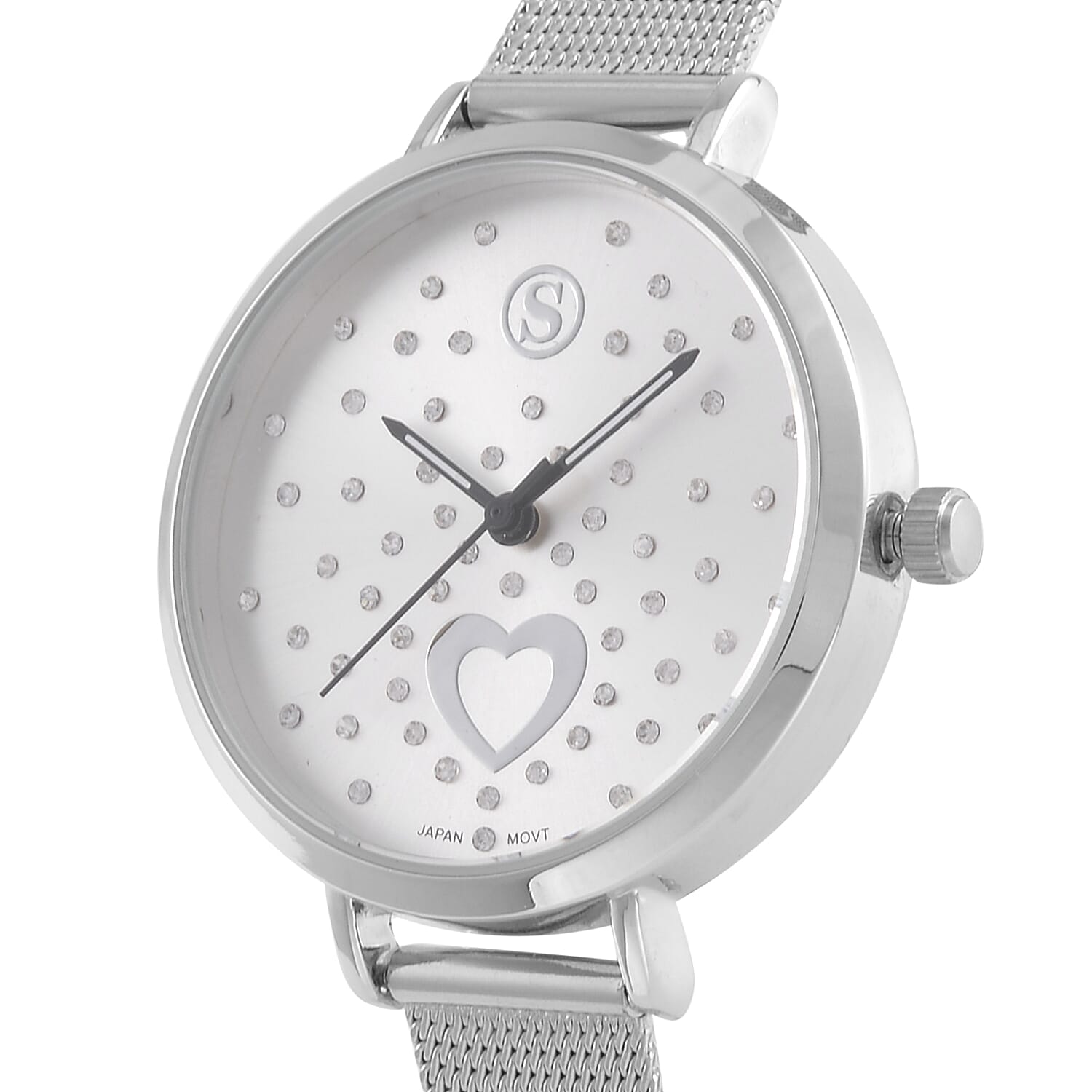 STRADA Japanese Movement Heart Pattern Crystal Studded Water Resistant Watch with Stainless Steel Mesh Strap in Silver Tone