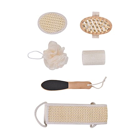 Eco-Friendly 6 Piece Bath Set - Sisal Belt, Wooden Foot File, Mesh Sponge, Loofah Block, Oval Sisal Pad and Wooden Body Massager