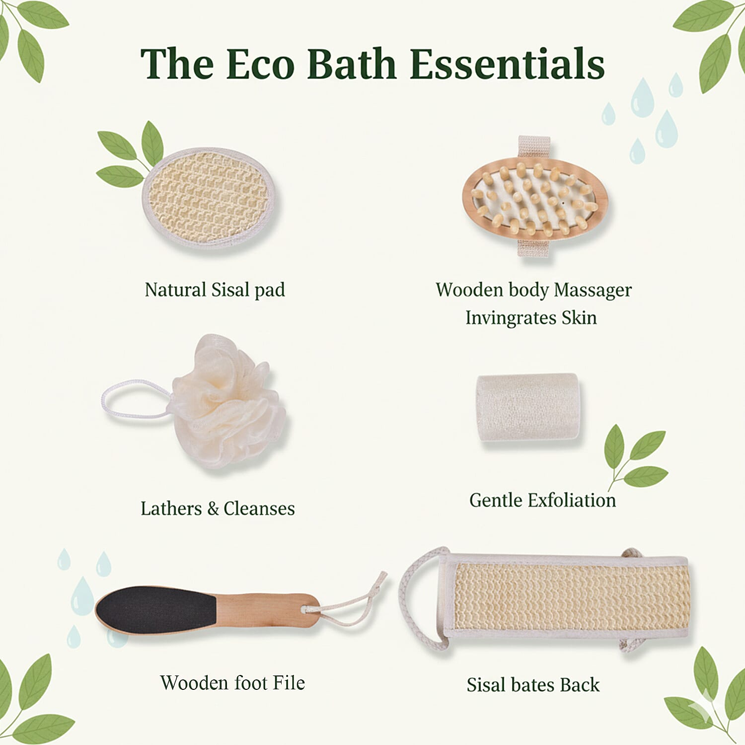 Set of 6 Eco bath accessories -  bath belt, wooden foot file, mesh sponge, loofah block, oval sisal pad, oval wooden body massager