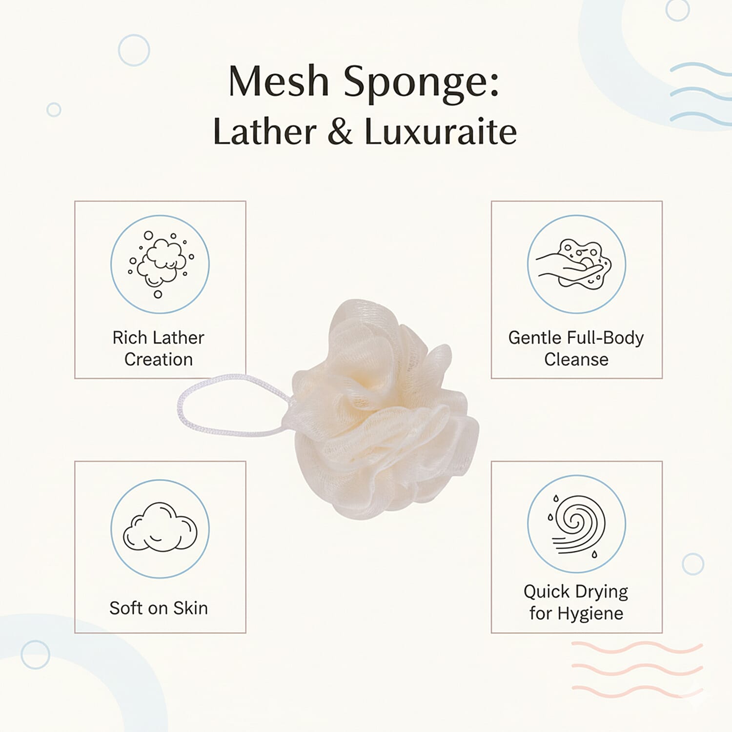 Set of 6 Eco bath accessories -  bath belt, wooden foot file, mesh sponge, loofah block, oval sisal pad, oval wooden body massager