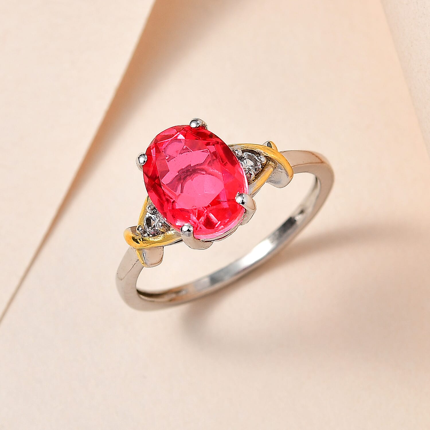 Padparadscha Triplet Quartz & Natural Zircon Ring in 18K Vermeil Yellow Gold Plated & Platinum Overlay Sterling Silver 2.14 Ct.