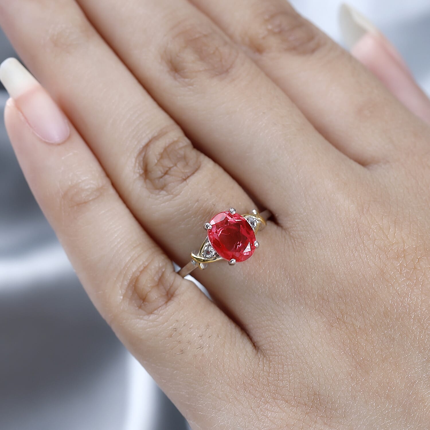 Padparadscha Triplet Quartz & Natural Zircon Ring in 18K Vermeil Yellow Gold Plated & Platinum Overlay Sterling Silver 2.14 Ct.