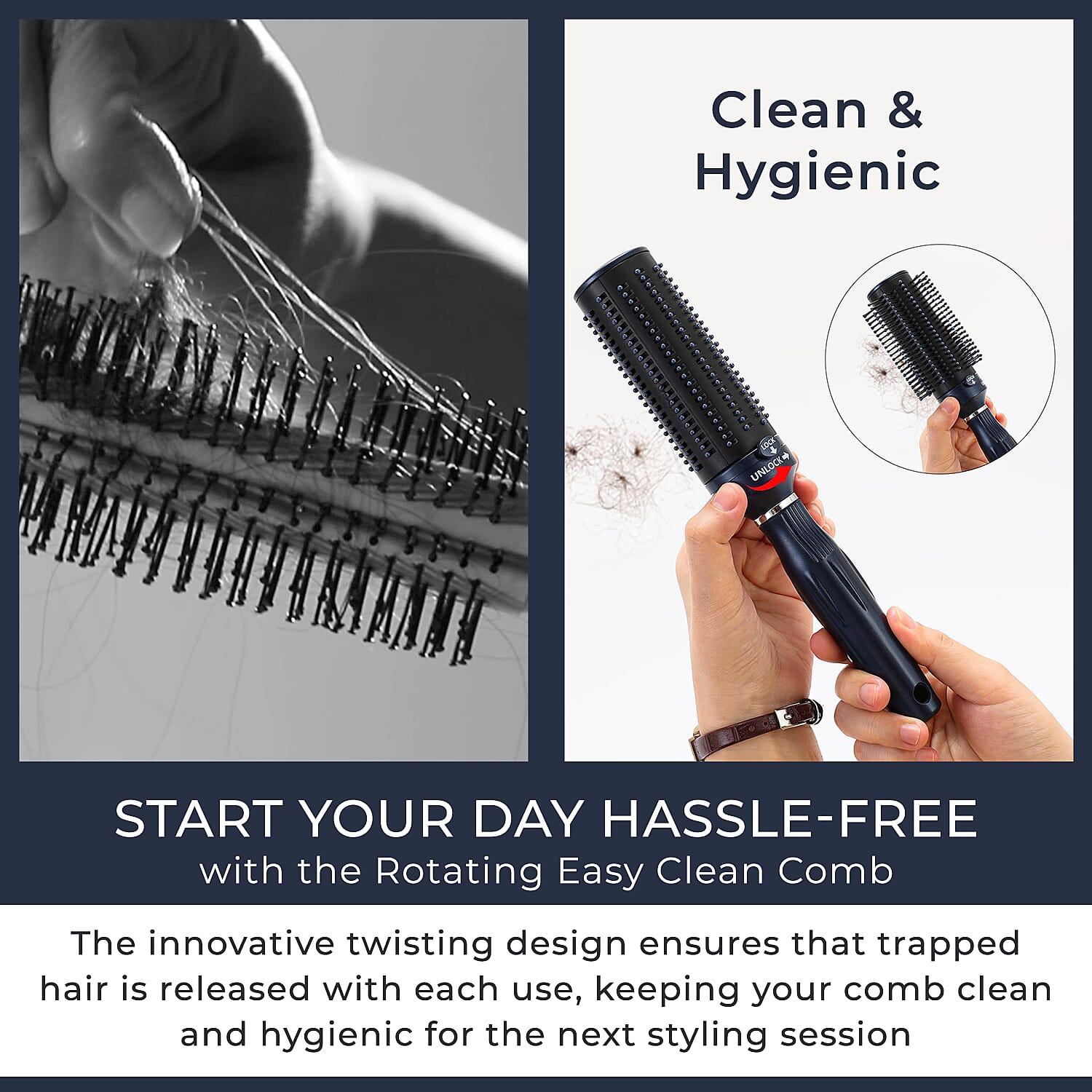 Retractable Detangle Hair Brush for Curly Hair, Straight Hair & Wet Hair, Soft Bristle for Long, Thick & Curly Hair | Easy Clean Travel Brush - Navy