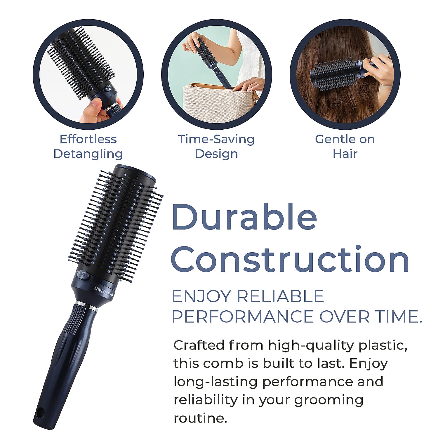 Retractable Detangle Hair Brush for Curly Hair, Straight Hair & Wet Hair, Soft Bristle for Long, Thick & Curly Hair | Easy Clean Travel Brush - Navy