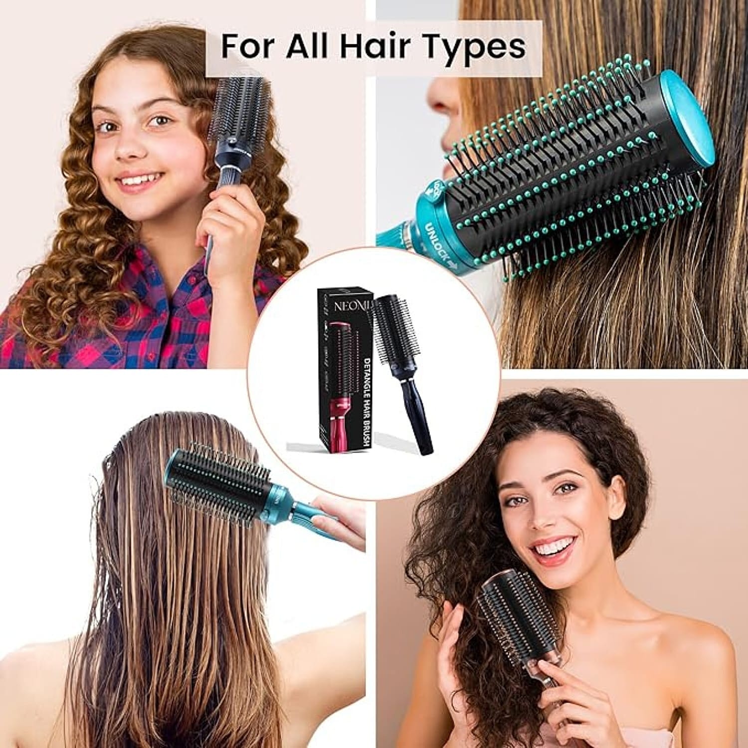 Neomi - Retractable Detangle Hair Brush for Curly Hair, Straight Hair & Wet Hair, Soft Bristle for Long, Thick & Curly Hair | Easy Clean Travel Brush - Brown