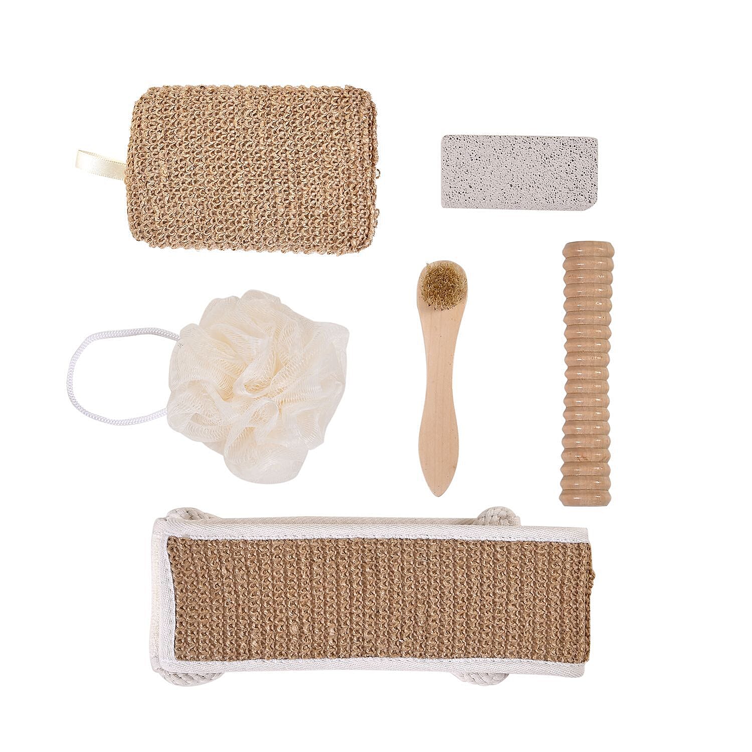 Set of 6 Eco Bath Accessories -  Incl. Face Brush, Foot Roller, mesh sponge, hemp bath belt, hemp bath sponge, pumice stone and white box.