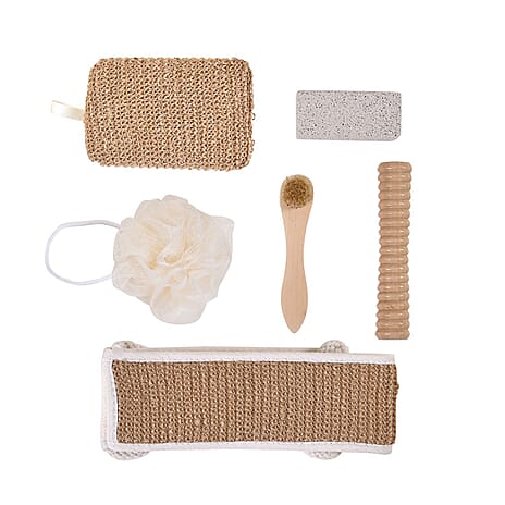 Set of 6 Eco Bath Accessories -  Incl. Face Brush, Foot Roller, mesh sponge, hemp bath belt, hemp bath sponge, pumice stone and white box.