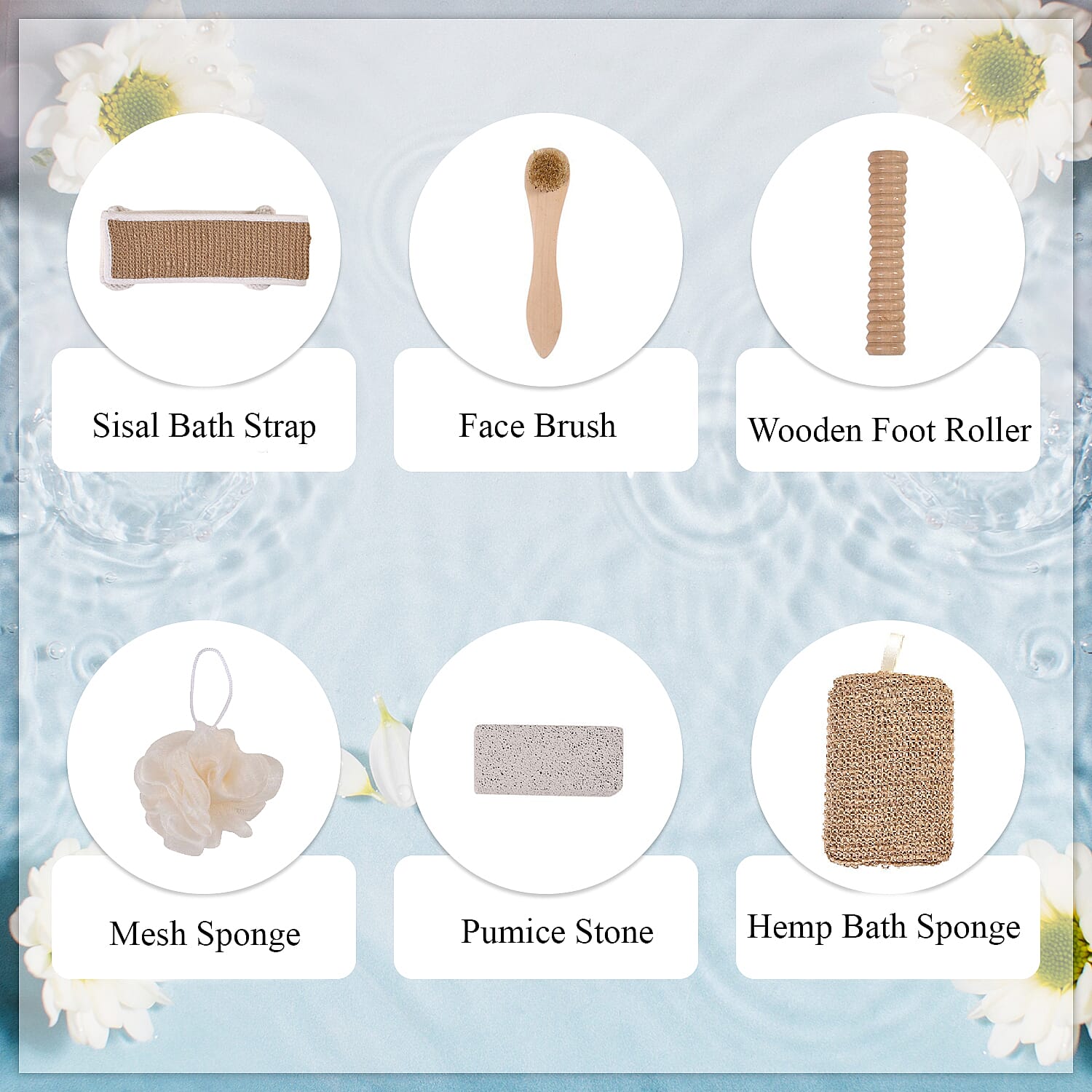 Set of 6 Eco Bath Accessories -  Incl. Face Brush, Foot Roller, mesh sponge, hemp bath belt, hemp bath sponge, pumice stone and white box.