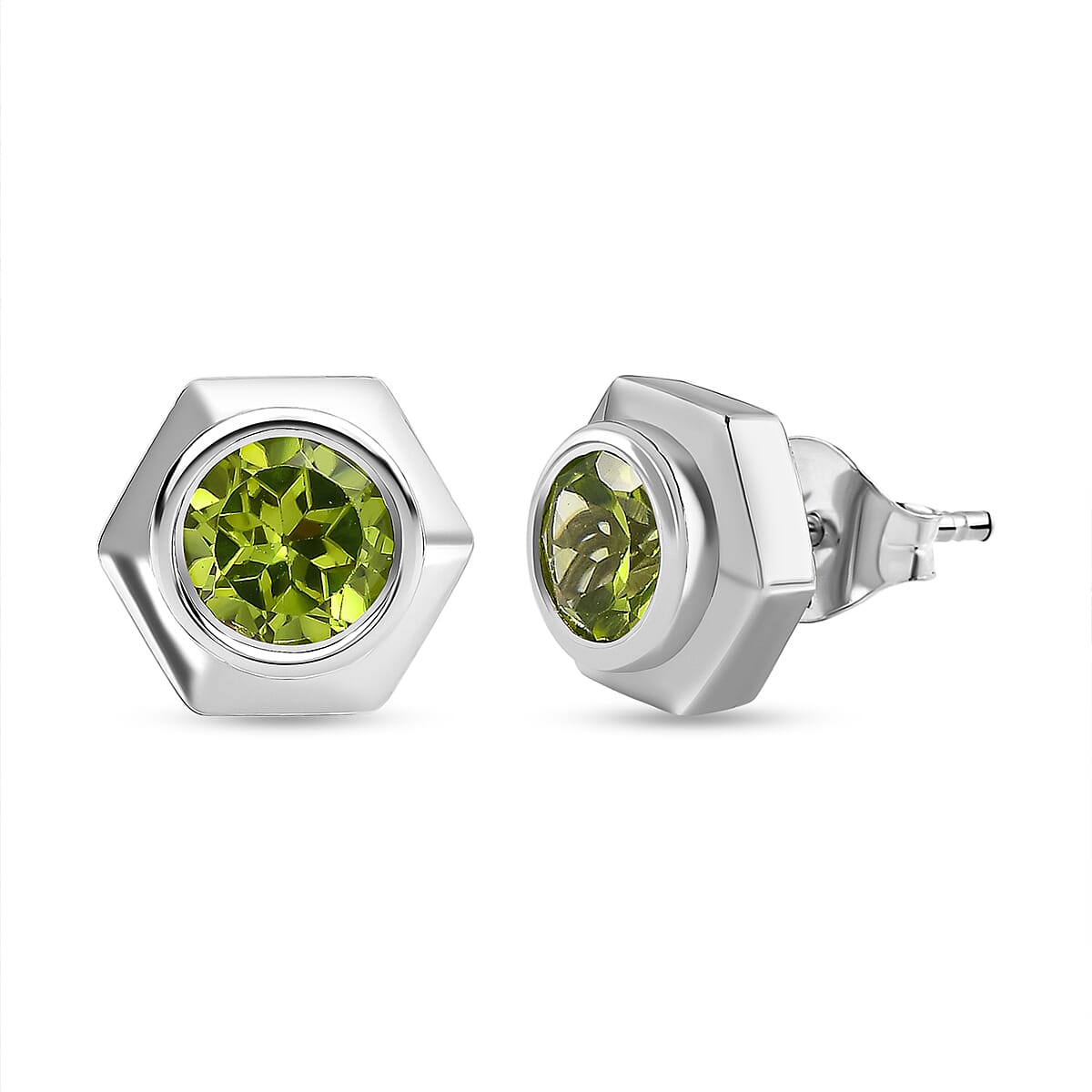 Hebei Peridot Solitaire Stud Earrings with Push Back in Platinum Overlay Sterling Silver 1.75 Ct.