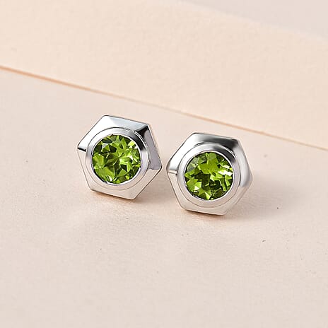 Hebei Peridot Solitaire Stud Earrings with Push Back in Platinum Overlay Sterling Silver 1.75 Ct.