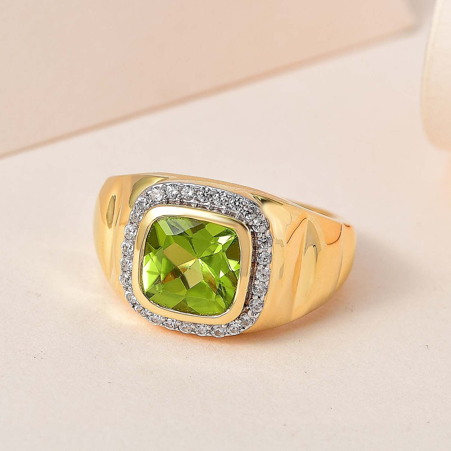 Hebei Peridot and Natural Zircon Halo Mens Ring in 18K Yellow Gold Vermeil Plated Sterling Silver 2.40 Ct