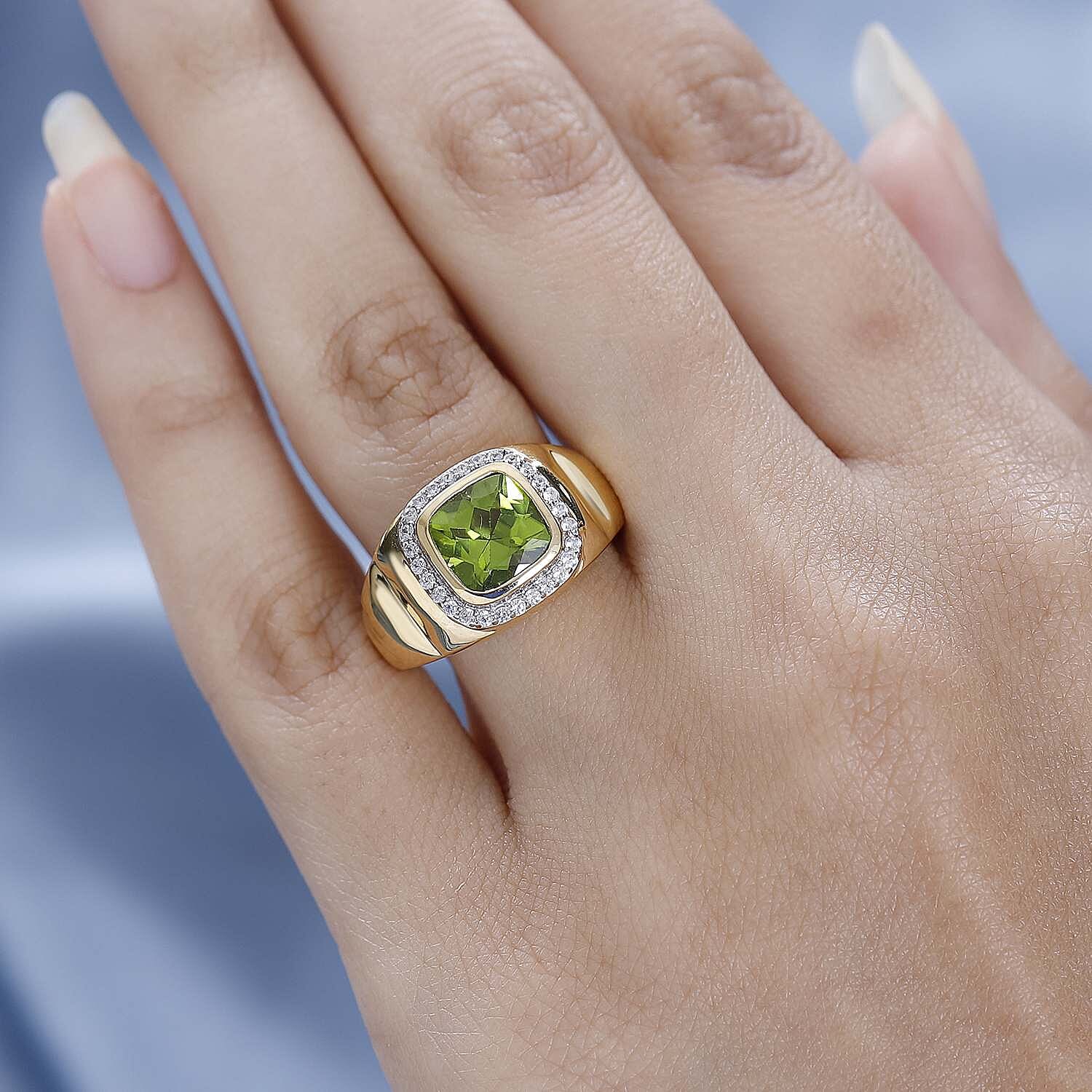 Hebei Peridot and Natural Zircon Halo Mens Ring in 18K Yellow Gold Vermeil Plated Sterling Silver 2.40 Ct