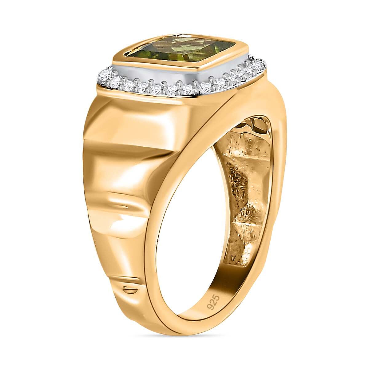 Hebei Peridot and Natural Zircon Halo Mens Ring in 18K Yellow Gold Vermeil Plated Sterling Silver 2.40 Ct