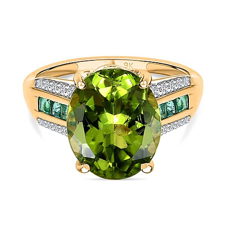 9K Yellow Gold Natural Hebei Peridot, Natural Zircon & Zambian Emerald Solitaire Ring 5.20 Ct.