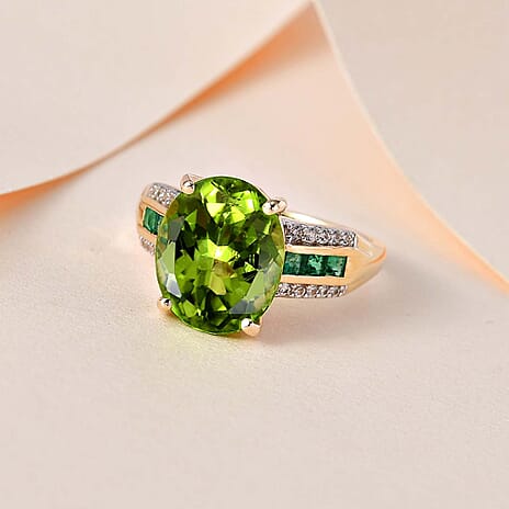 9K Yellow Gold Natural Hebei Peridot, Natural Zircon & Zambian Emerald Solitaire Ring 5.20 Ct.