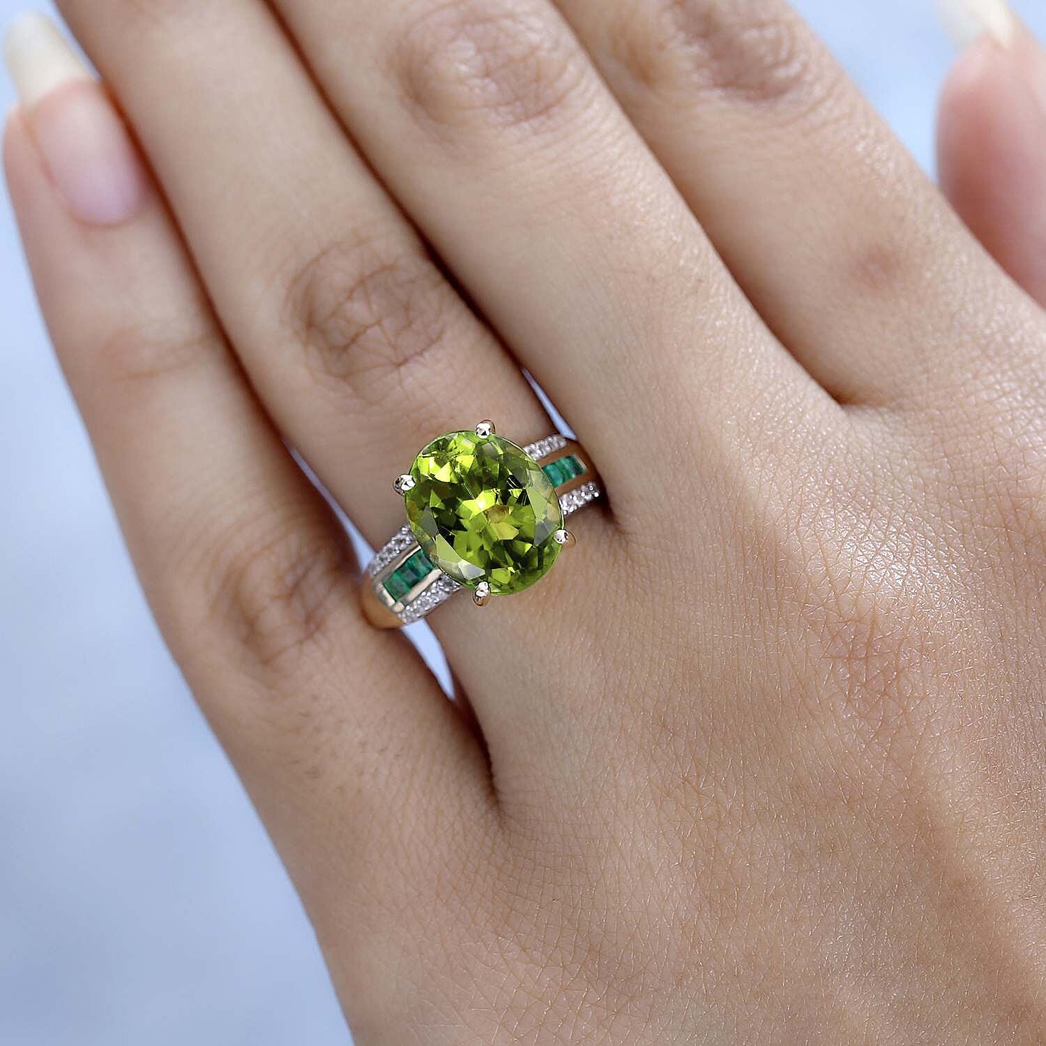 9K Yellow Gold Natural Hebei Peridot, Natural Zircon and Zambian Emerald Ring 5.20 Ct.