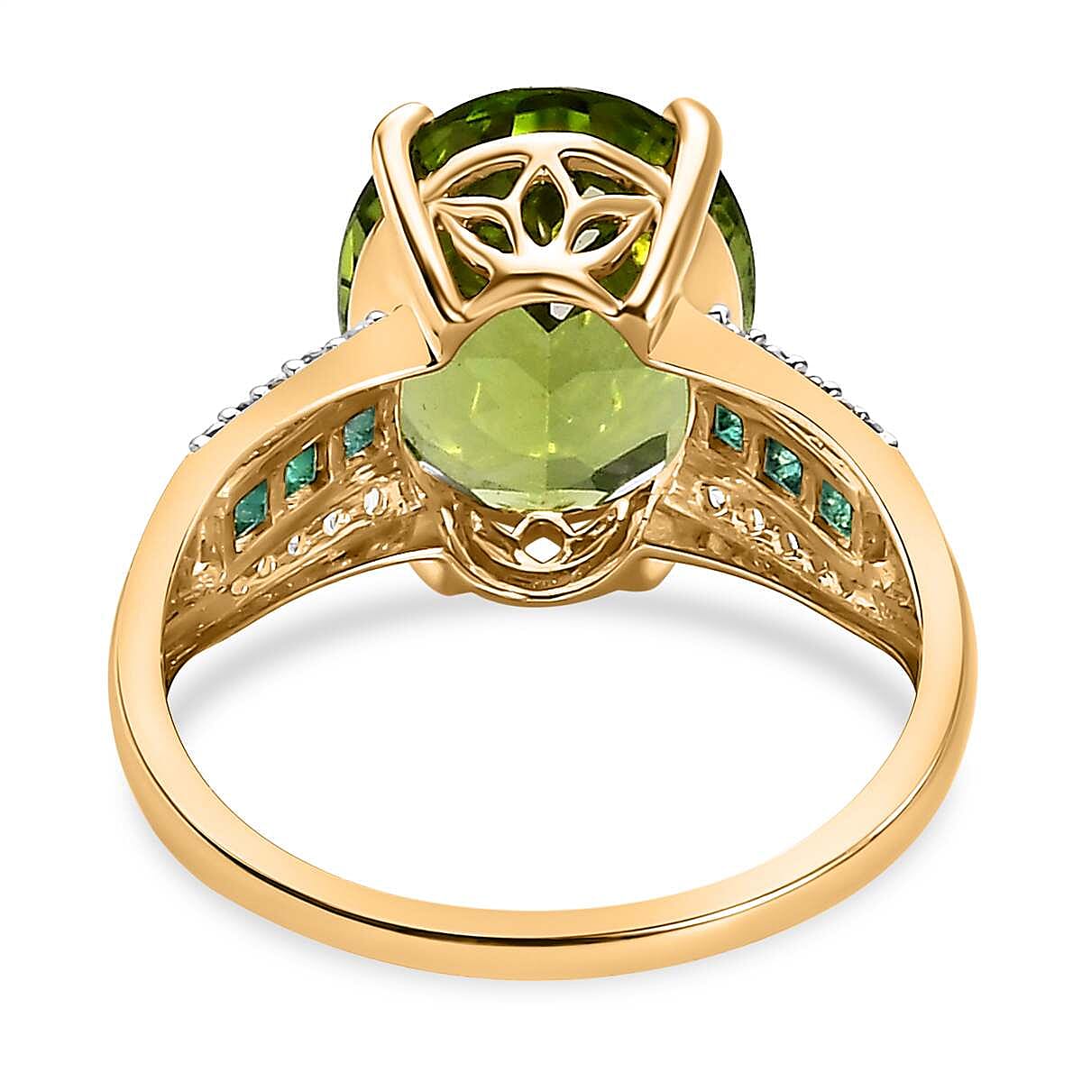 9K Yellow Gold Natural Hebei Peridot, Natural Zircon and Zambian Emerald Ring 5.20 Ct.