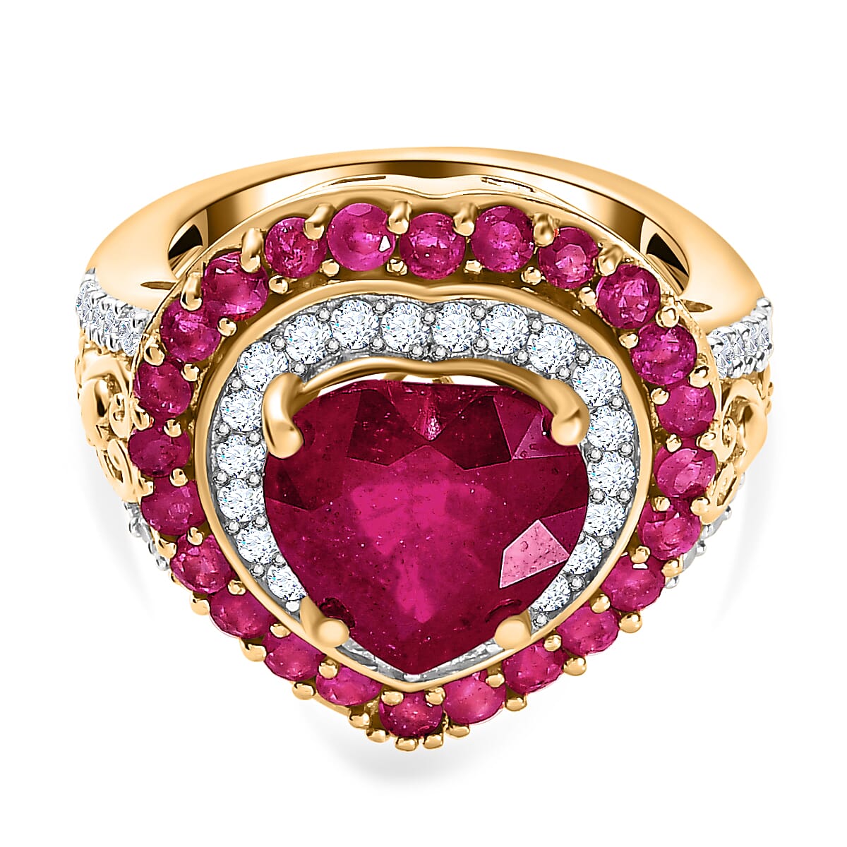 African Ruby & Natural Zircon Heart Ring in 18K Vermeil YG Plated Sterling Silver 8.10 Ct, Silver Wt. 5.85 Gms