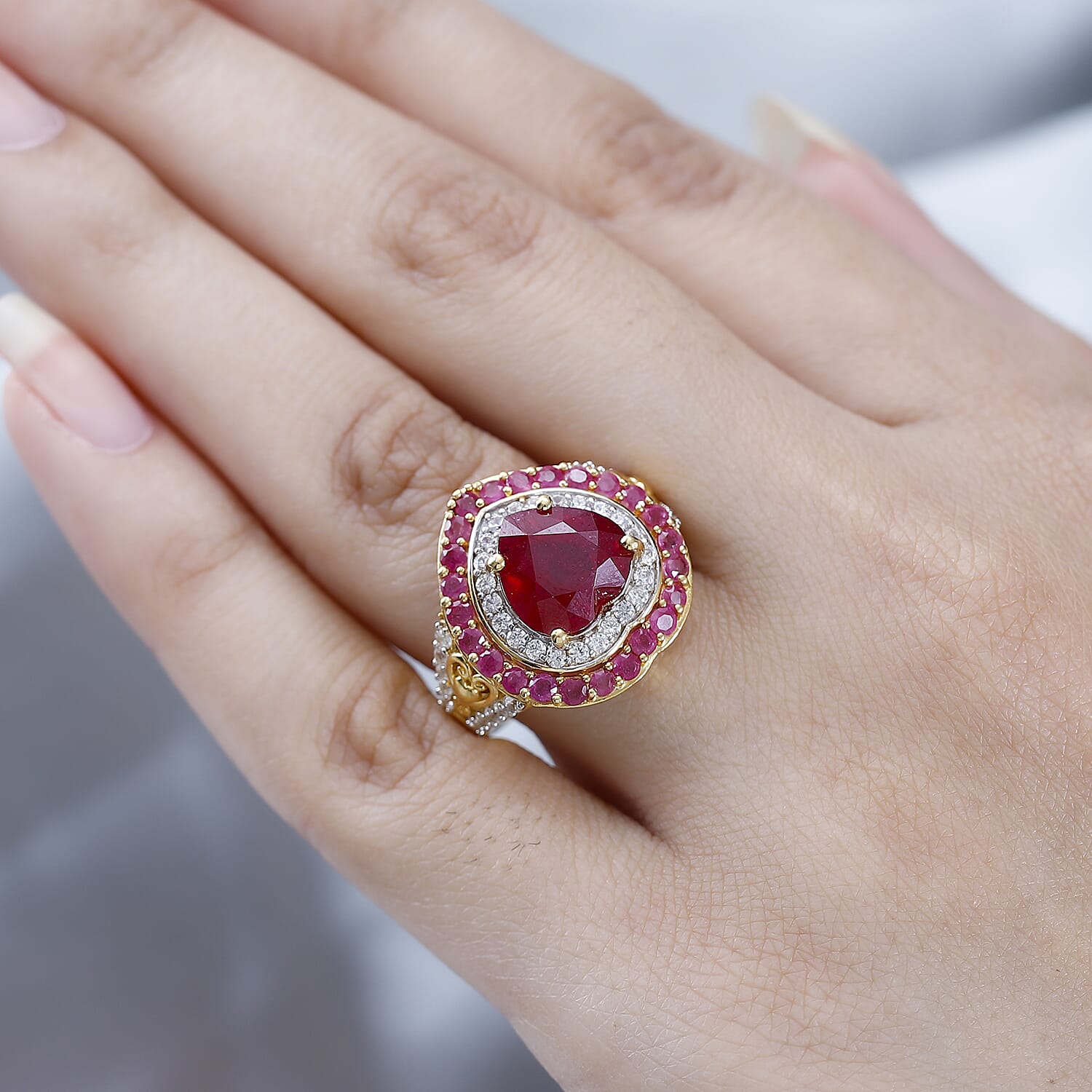 African Ruby & Natural Zircon Heart Ring in 18K Vermeil YG Plated Sterling Silver 8.10 Ct, Silver Wt. 5.85 Gms