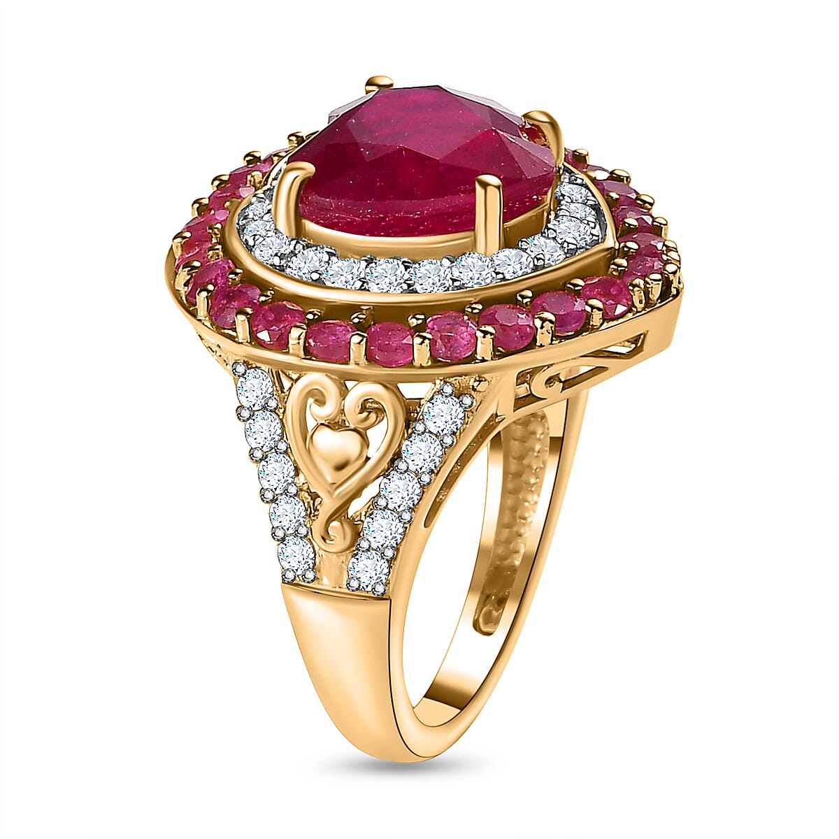 African Ruby & Natural Zircon Heart Ring in 18K Vermeil YG Plated Sterling Silver 8.10 Ct, Silver Wt. 5.85 Gms