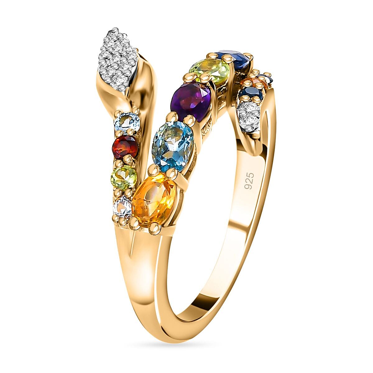 Multi Gemstone Snake Ring in 18K Vermeil Yellow Gold Plated Sterling Silver 1.38 Ct.