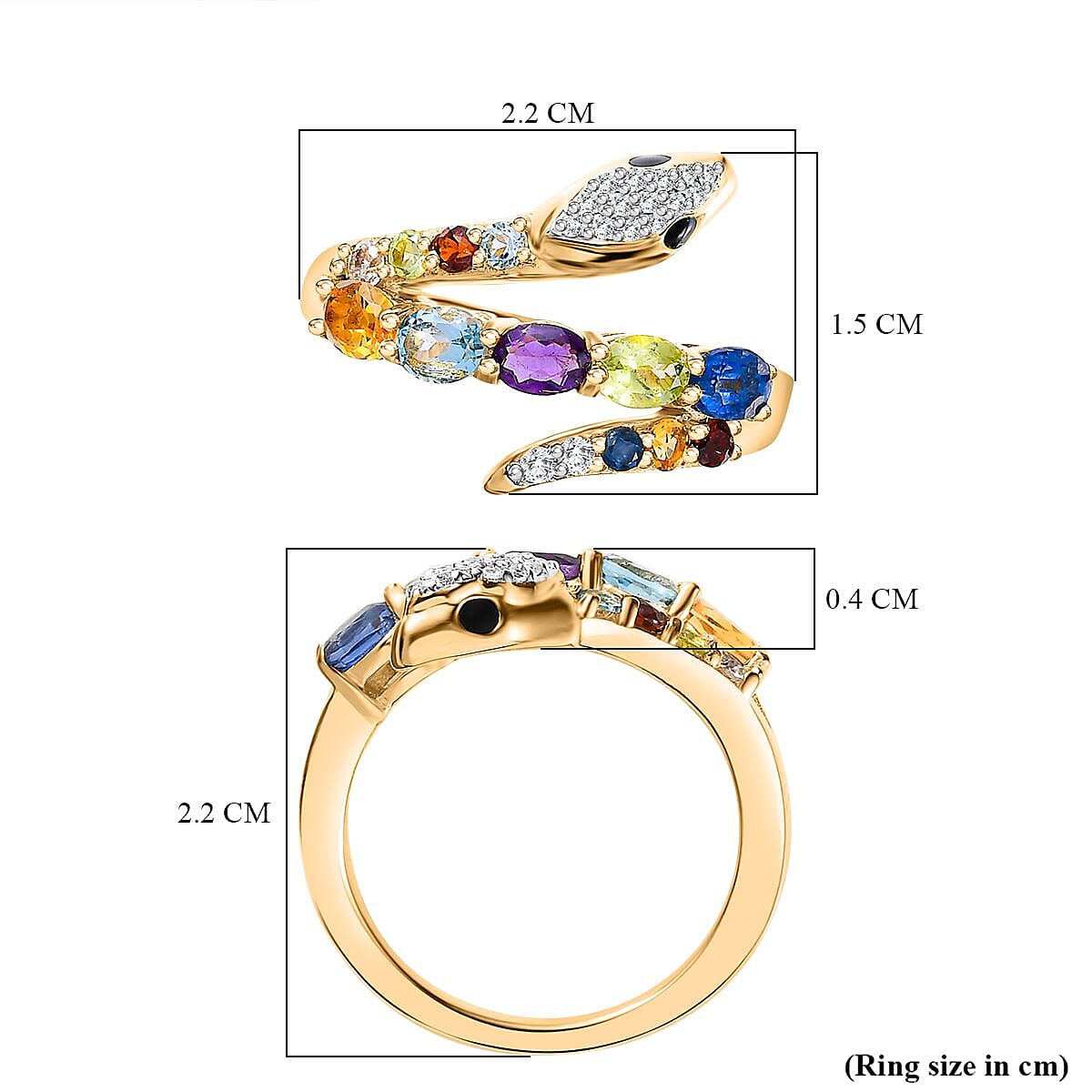 Multi Gemstone Snake Ring in 18K Vermeil Yellow Gold Plated Sterling Silver 1.38 Ct.