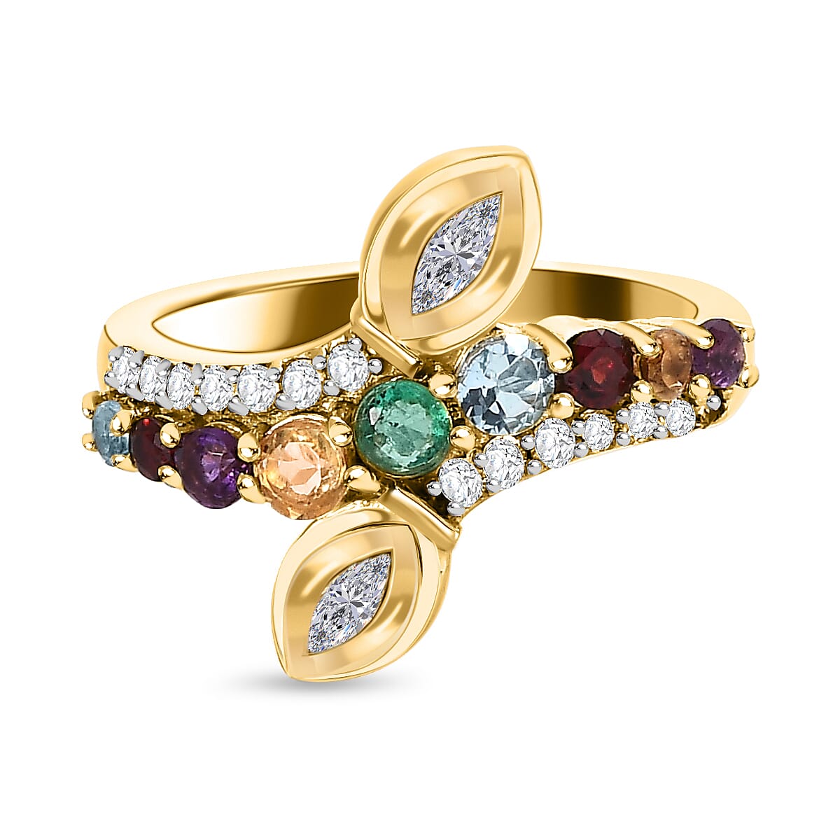 Emerald & Multi Gemstone Bypass Ring in 18K Vermeil Yellow Gold Plated Sterling Silver 1.15 Ct