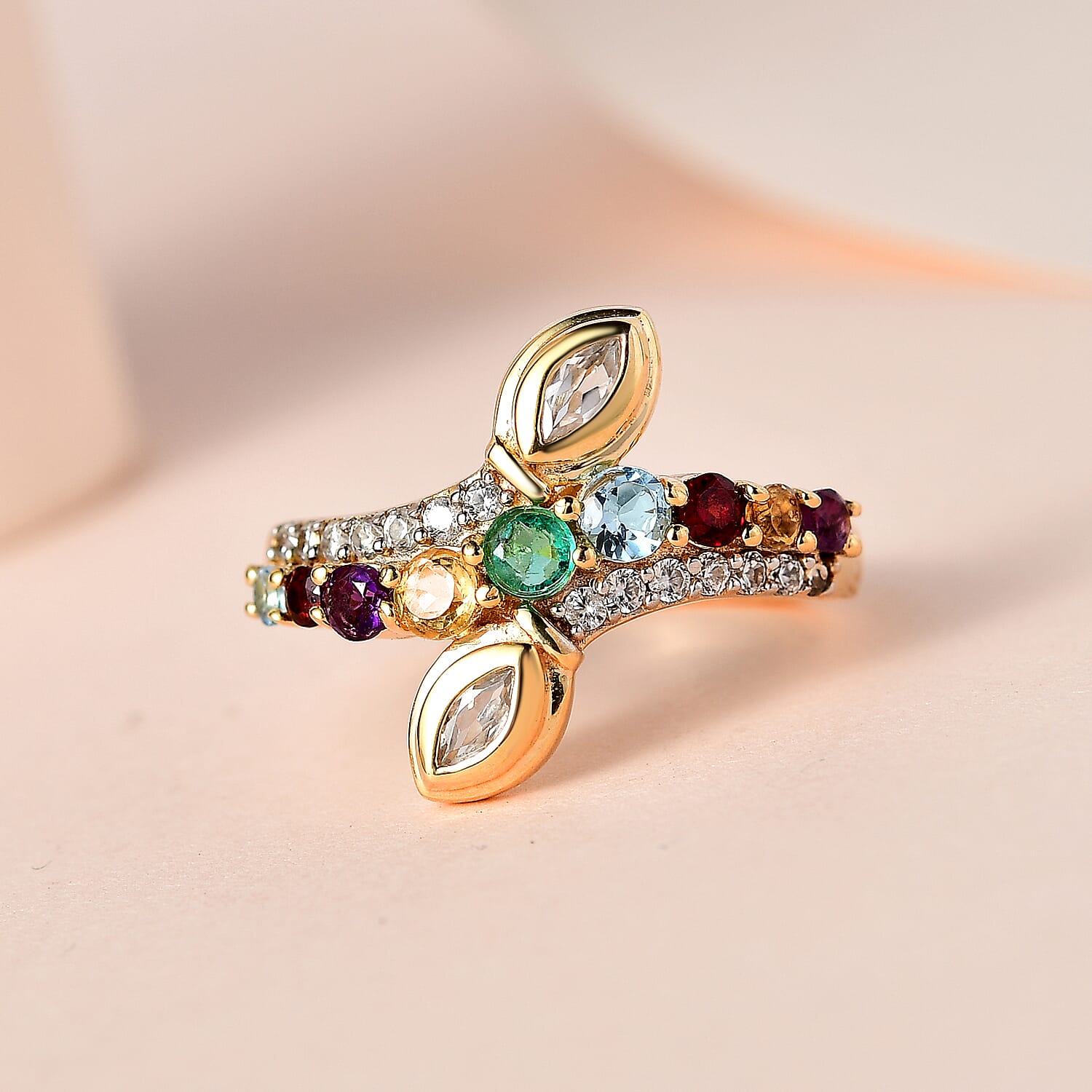 Emerald & Multi Gemstone Bypass Ring in 18K Vermeil Yellow Gold Plated Sterling Silver 1.15 Ct