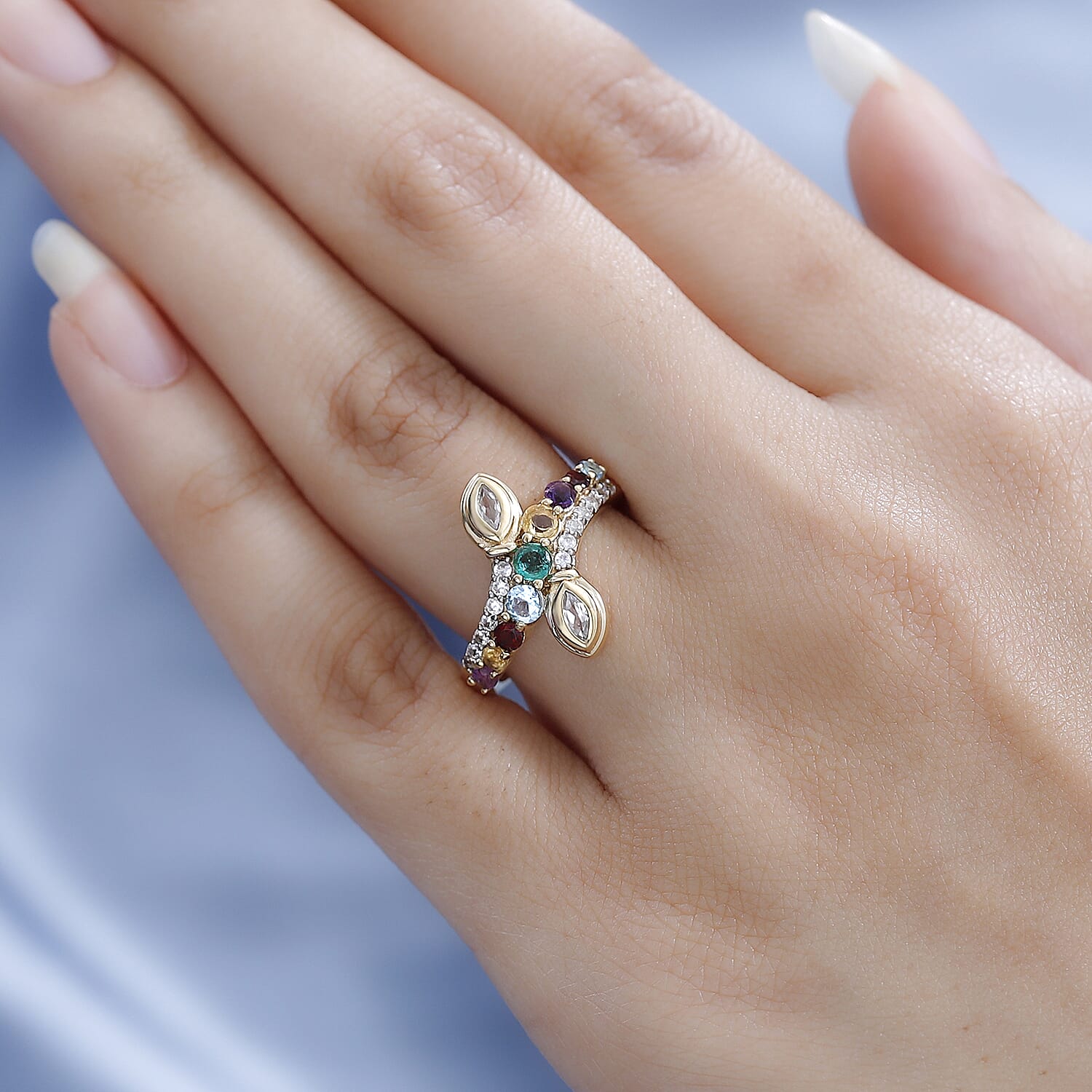 Emerald & Multi Gemstone Bypass Ring in 18K Vermeil Yellow Gold Plated Sterling Silver 1.15 Ct