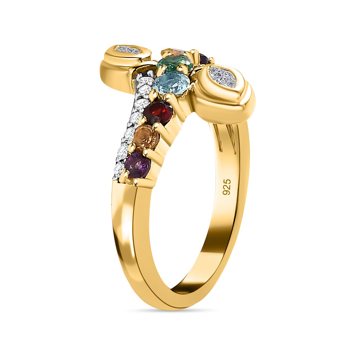 Emerald & Multi Gemstone Bypass Ring in 18K Vermeil Yellow Gold Plated Sterling Silver 1.15 Ct
