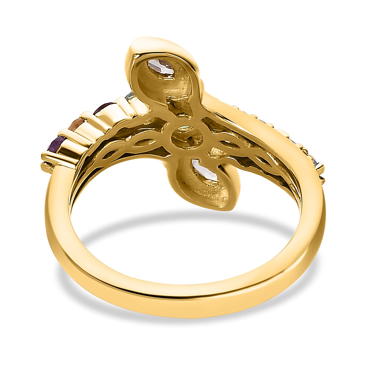 Emerald & Multi Gemstone Bypass Ring in 18K Vermeil Yellow Gold Plated Sterling Silver 1.15 Ct