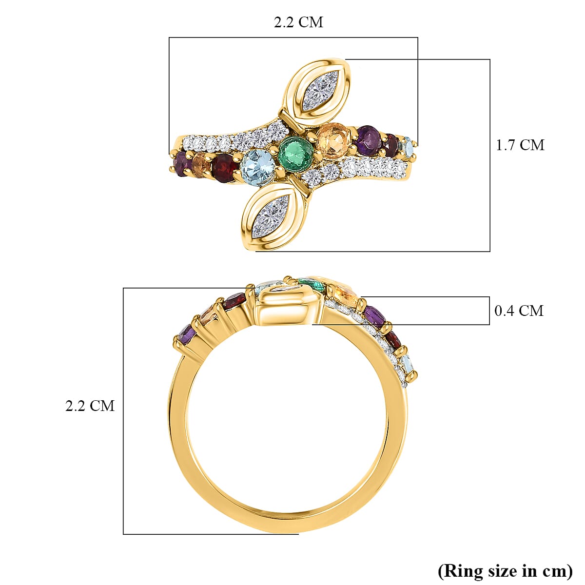 Emerald & Multi Gemstone Bypass Ring in 18K Vermeil Yellow Gold Plated Sterling Silver 1.15 Ct