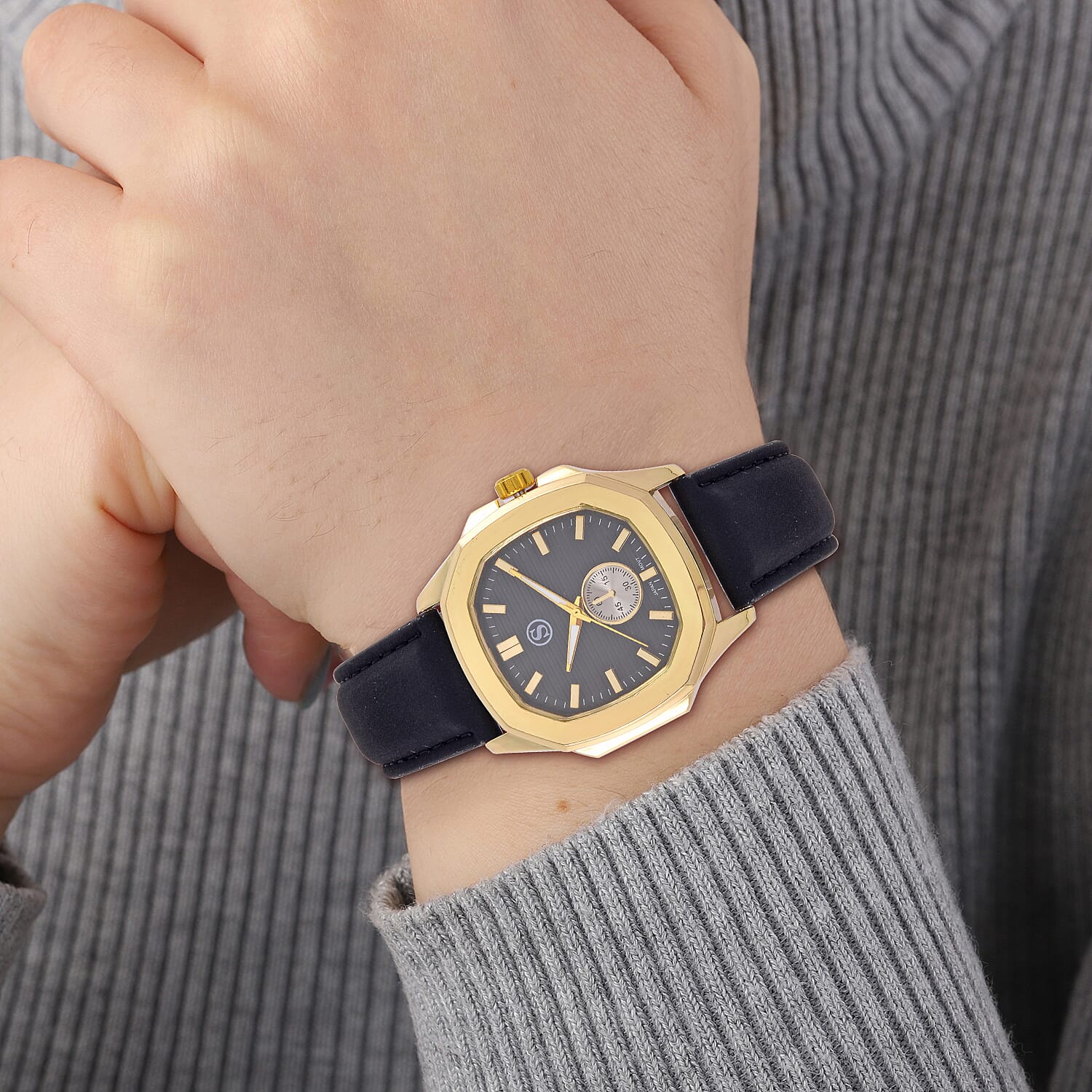 STRADA Japanese Movement Black Dial Water Resistant Watch with Stainless Steel Back in Gold Tone & Black Leather Strap