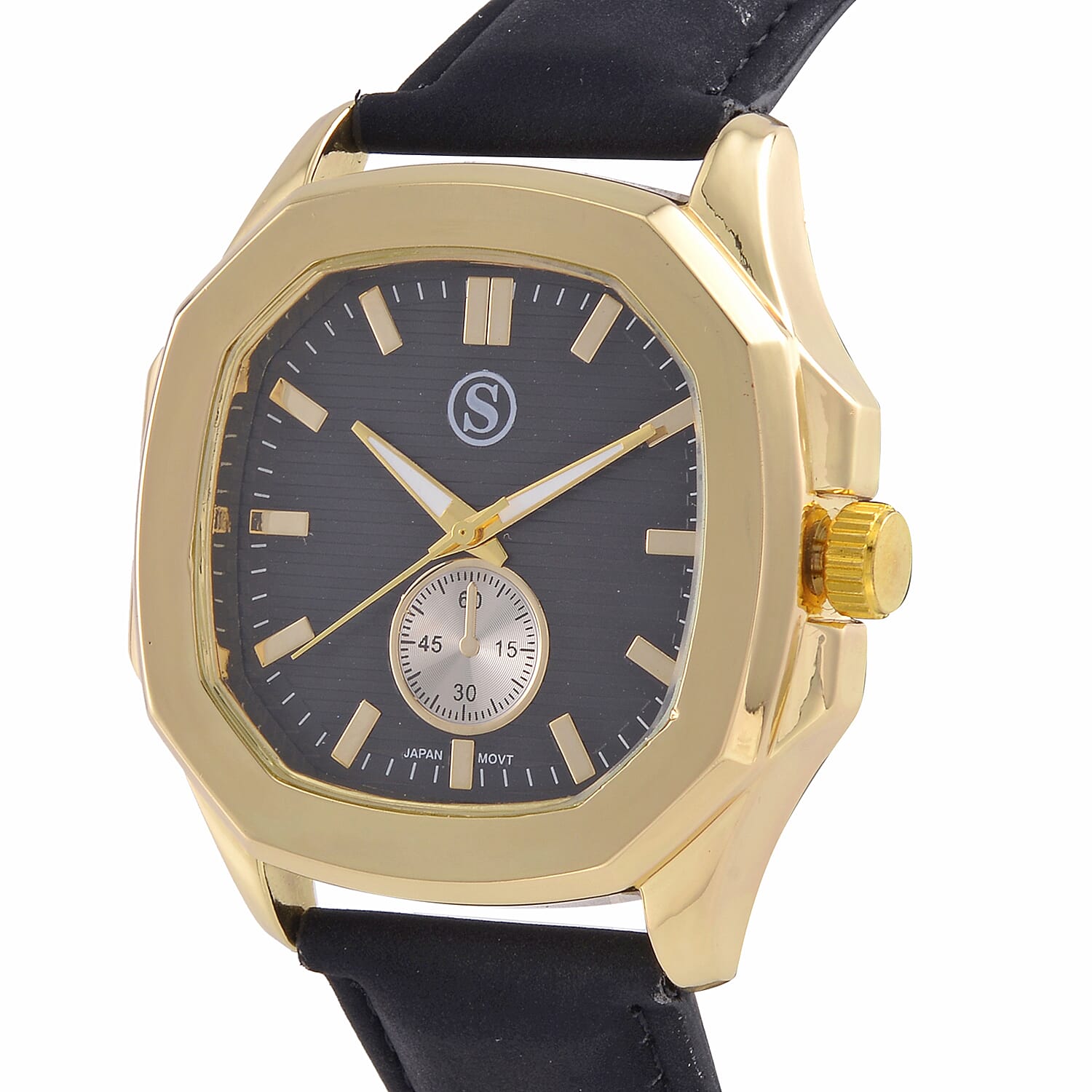 STRADA Japanese Movement Black Dial Water Resistant Watch with Stainless Steel Back in Gold Tone & Black Leather Strap