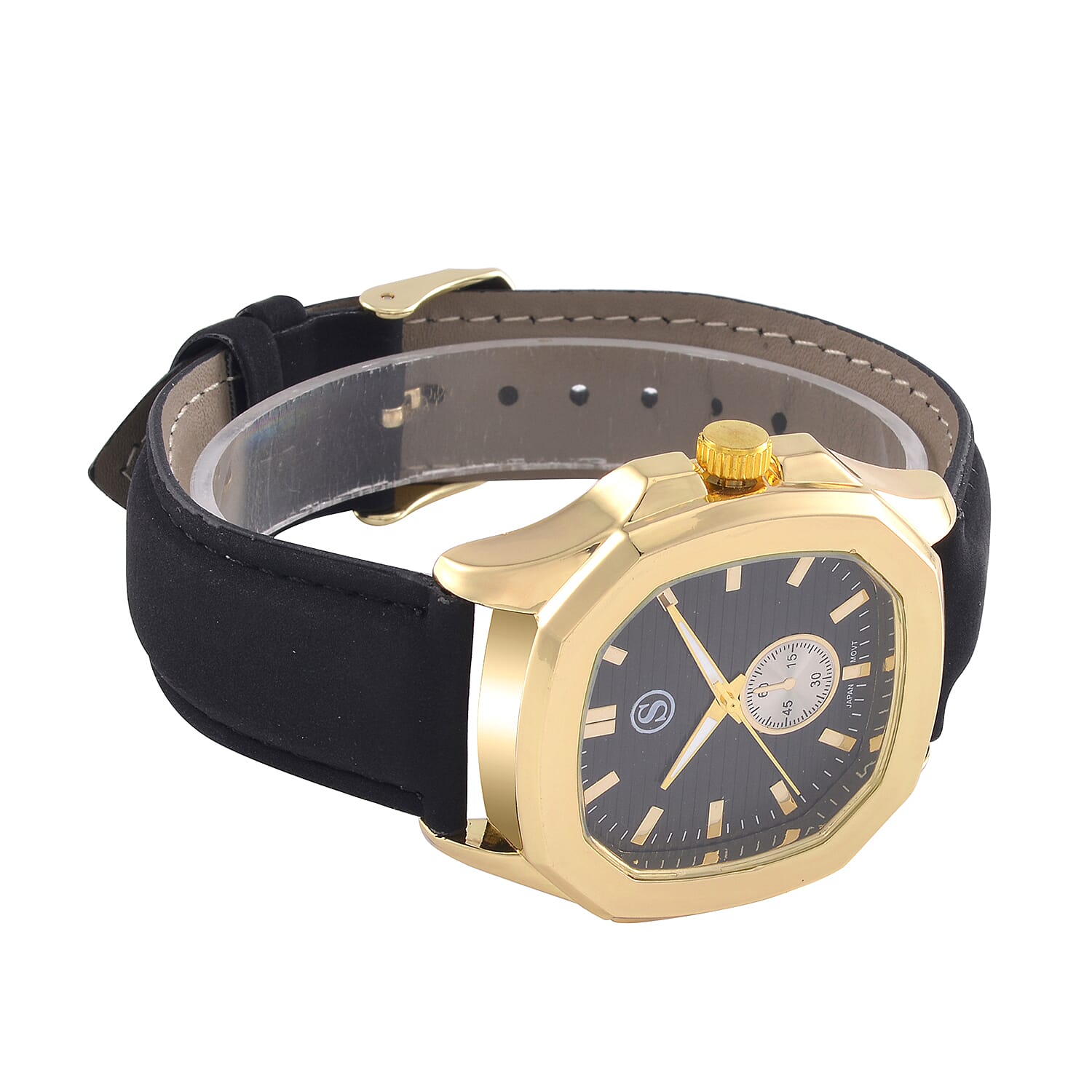 STRADA Japanese Movement Black Dial Water Resistant Watch with Stainless Steel Back in Gold Tone & Black Leather Strap