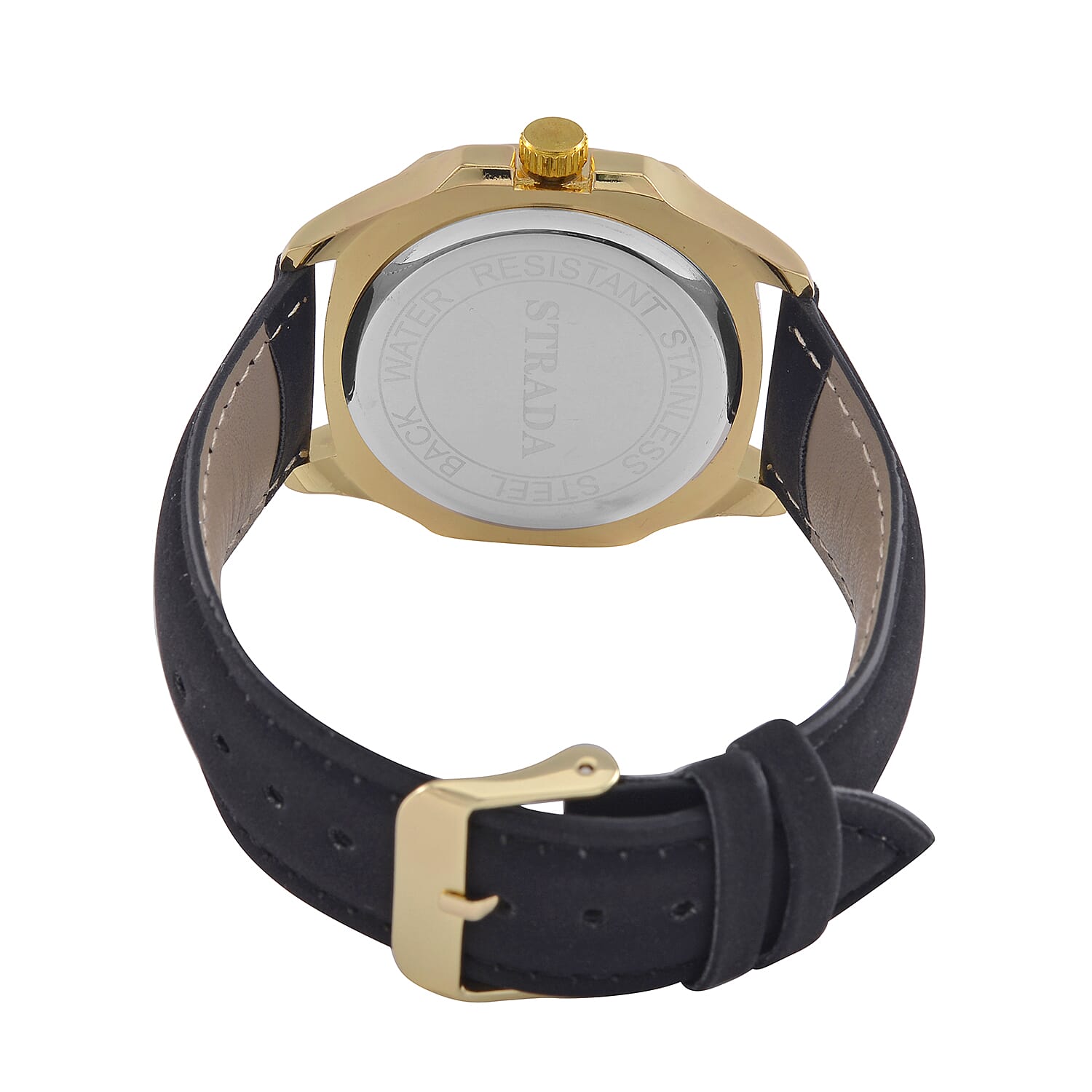 STRADA Japanese Movement Black Dial Water Resistant Watch with Stainless Steel Back in Gold Tone & Black Leather Strap