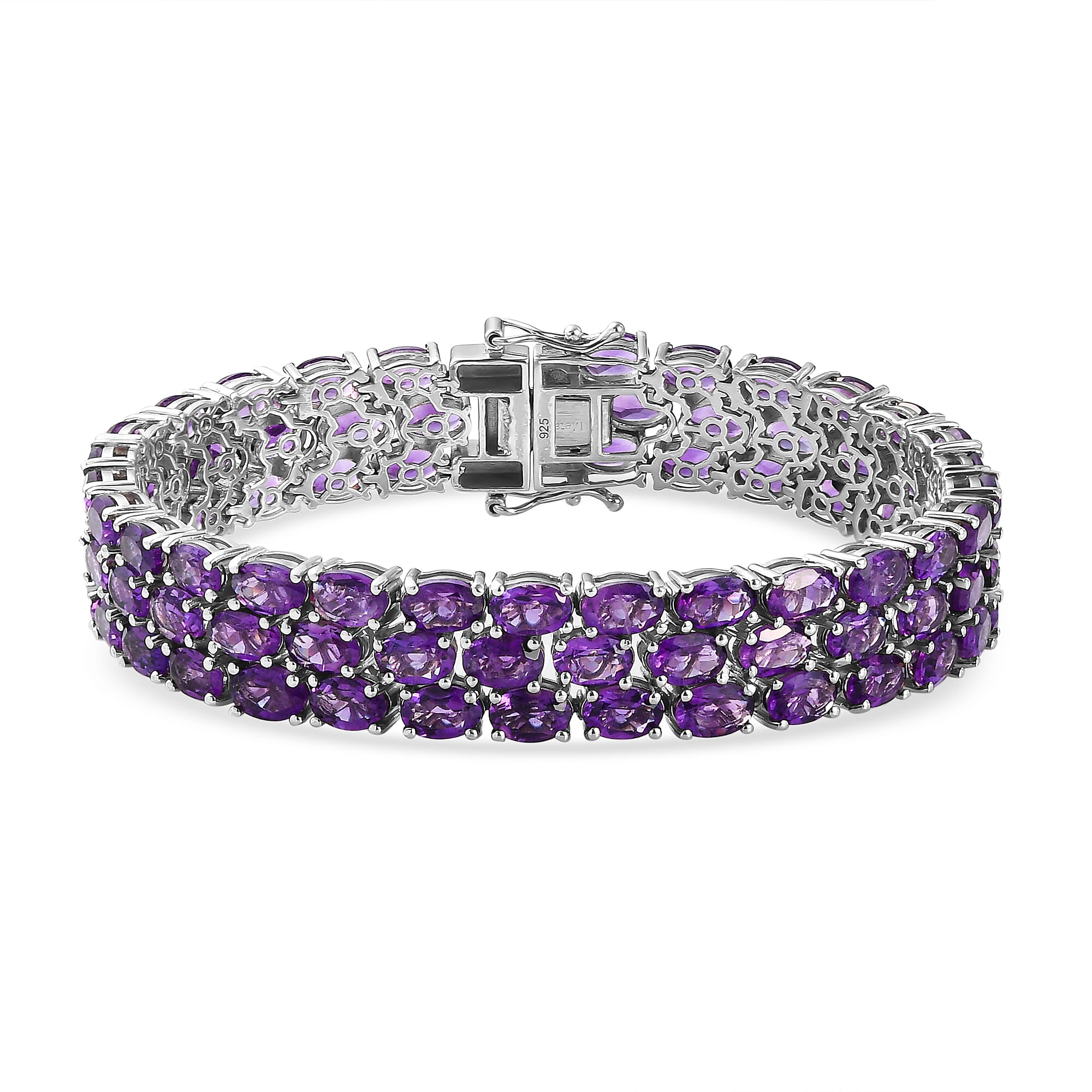 Amethyst Cluster Bracelet (Size - 7.5) in Platinum Overlay Sterling Silver 33.98 Ct, Silver Wt. 24.70 Gms