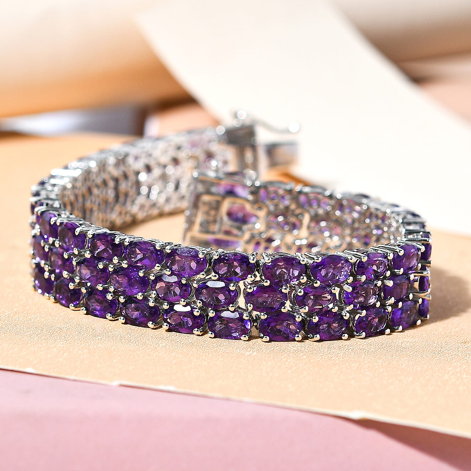 Amethyst Cluster Bracelet (Size - 7.5) in Platinum Overlay Sterling Silver 33.98 Ct, Silver Wt. 24.70 Gms
