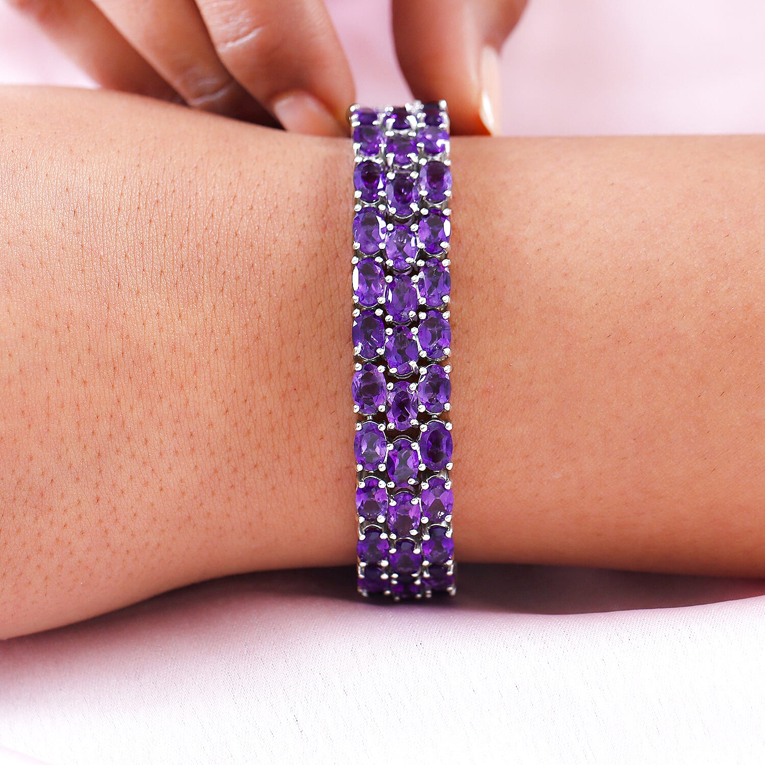 Amethyst Cluster Bracelet (Size - 7.5) in Platinum Overlay Sterling Silver 33.98 Ct, Silver Wt. 24.70 Gms