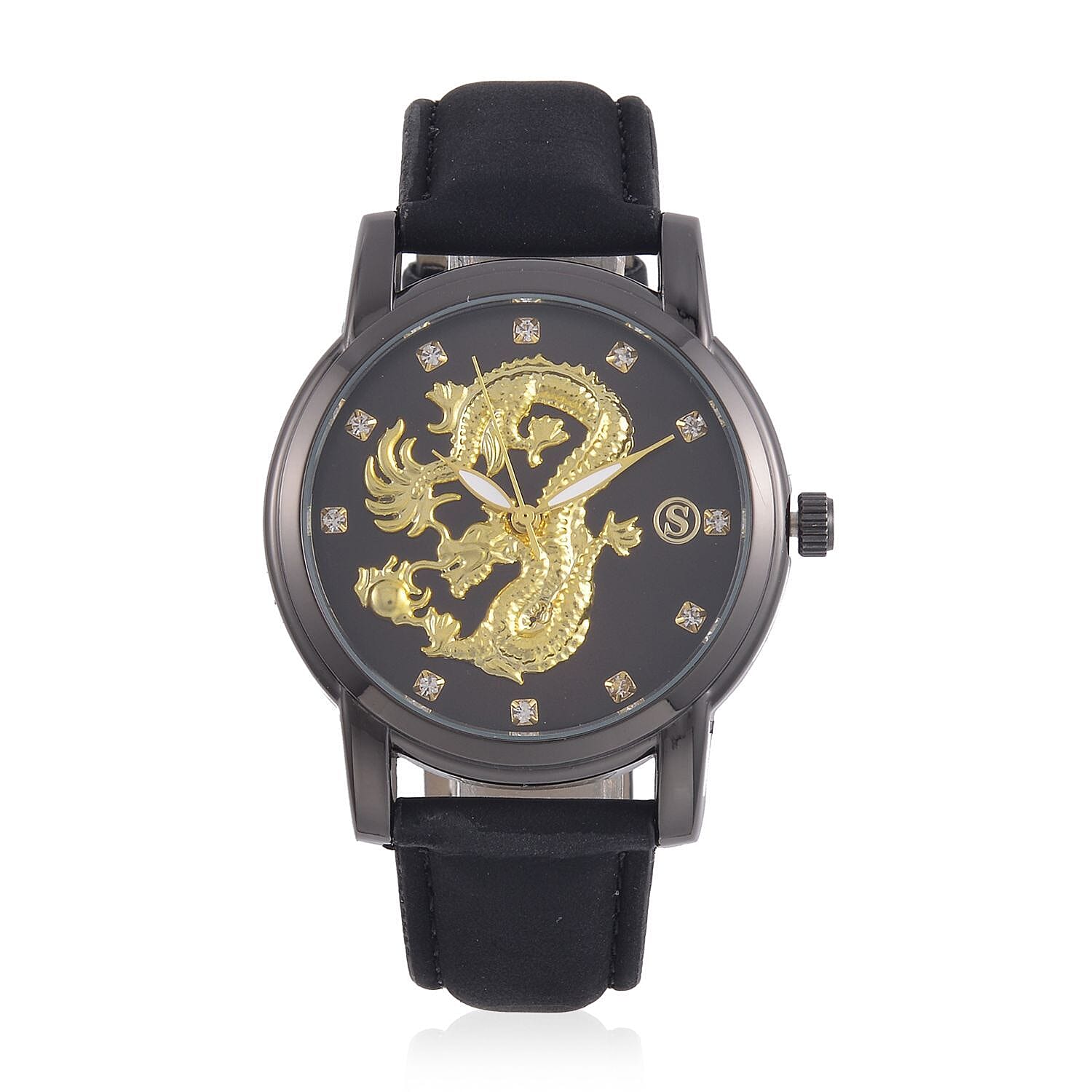 STRADA Japanese Movement Crystal Studded Gold Dragon Black Dial Watch with Black Leatherette Strap