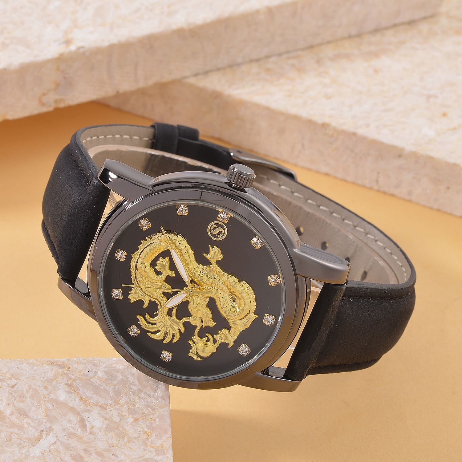 STRADA Japanese Movement Crystal Studded Gold Dragon Black Dial Watch with Black Leatherette Strap