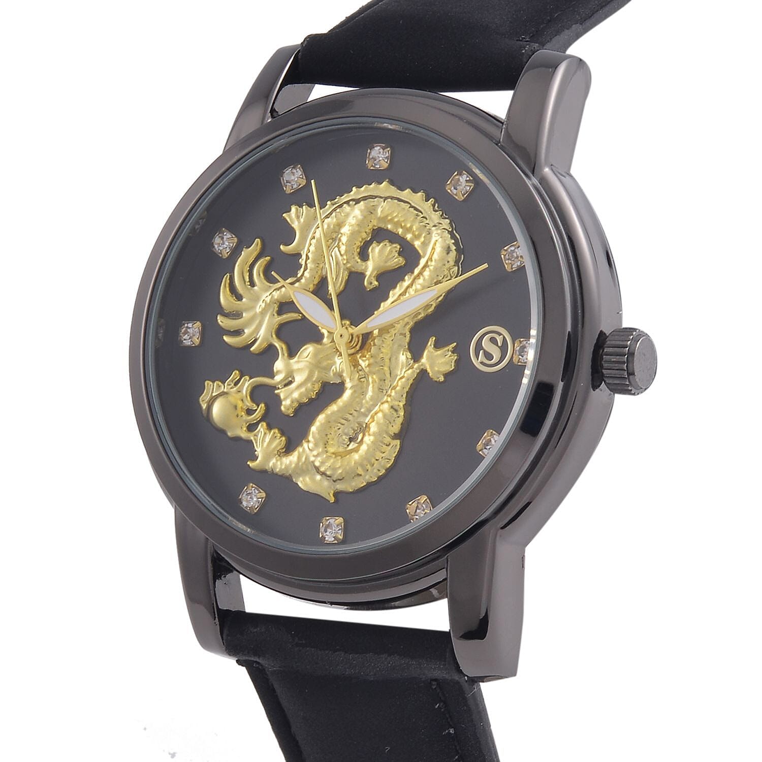 STRADA Japanese Movement Crystal Studded Gold Dragon Black Dial Watch with Black Leatherette Strap