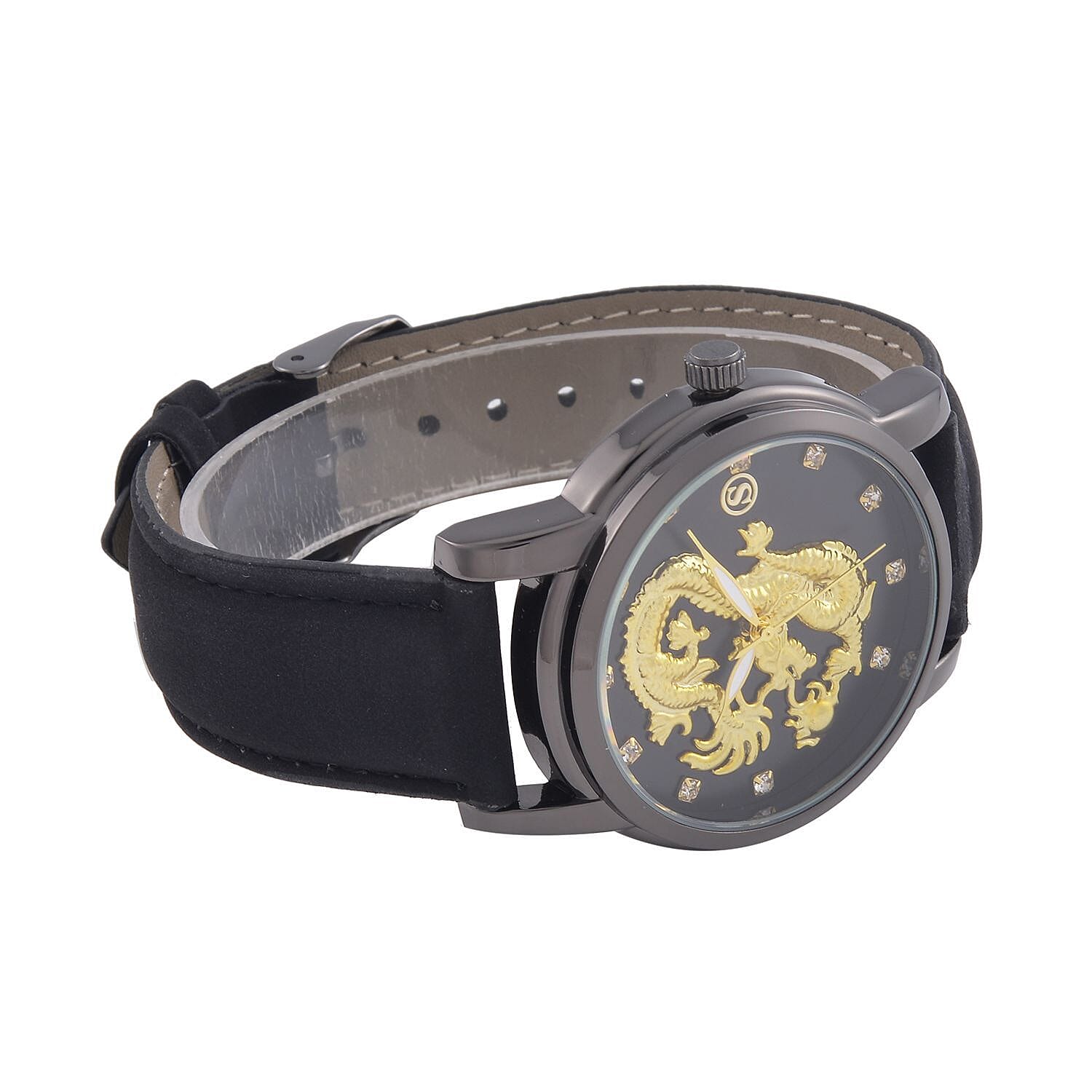 STRADA Japanese Movement Crystal Studded Gold Dragon Black Dial Watch with Black Leatherette Strap