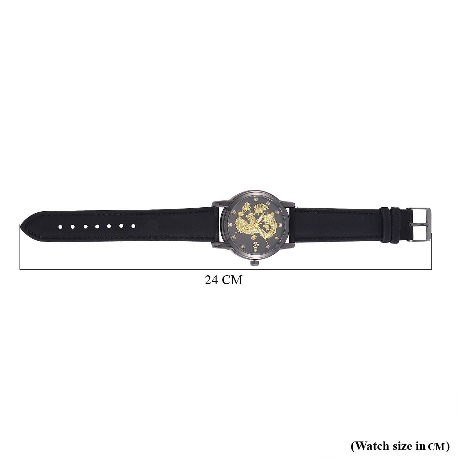 STRADA Japanese Movement Crystal Studded Gold Dragon Black Dial Watch with Black Leatherette Strap