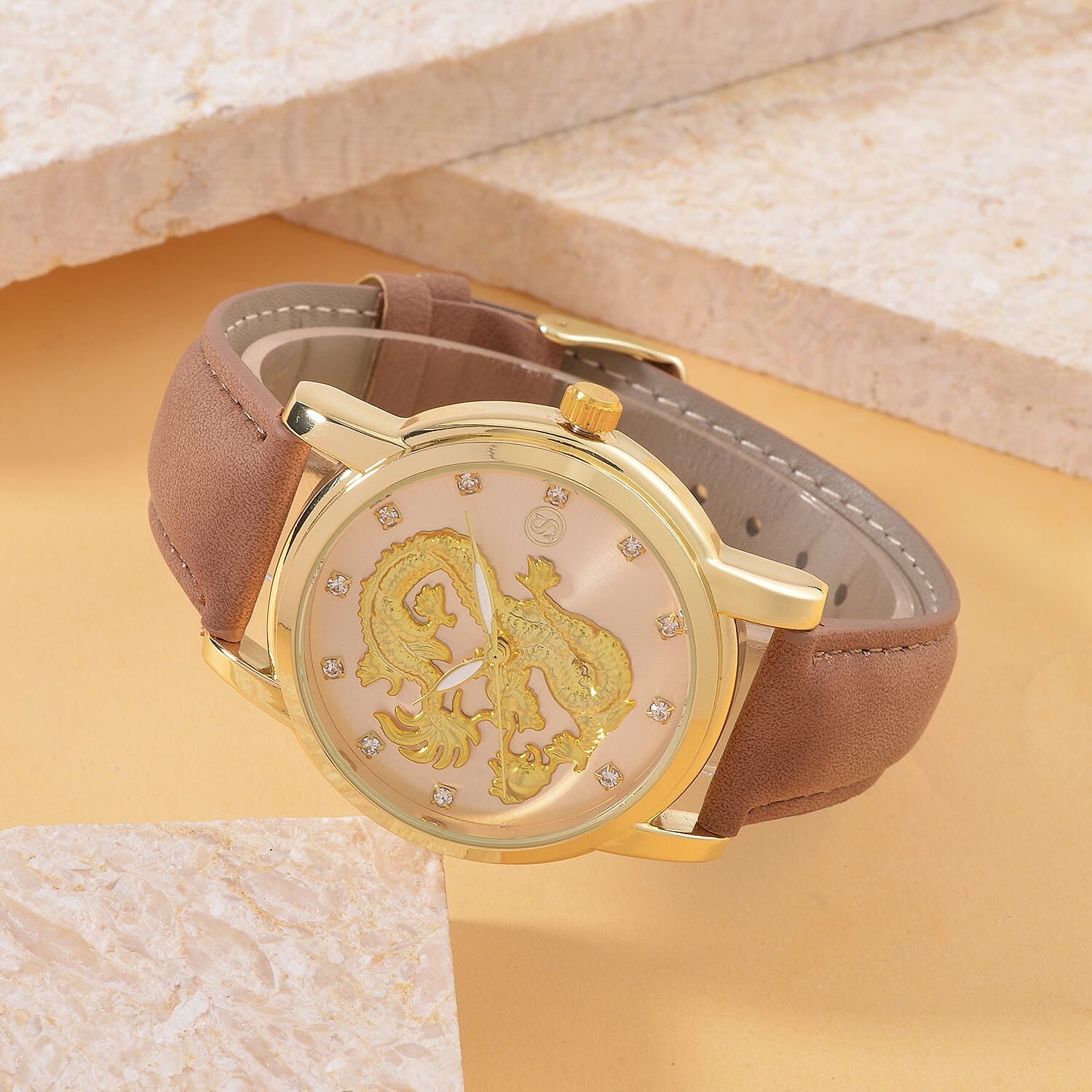 STRADA Japan Movt. Crystal Studded Gold Dragon White Dial Watch with Brown Leatherette Strap