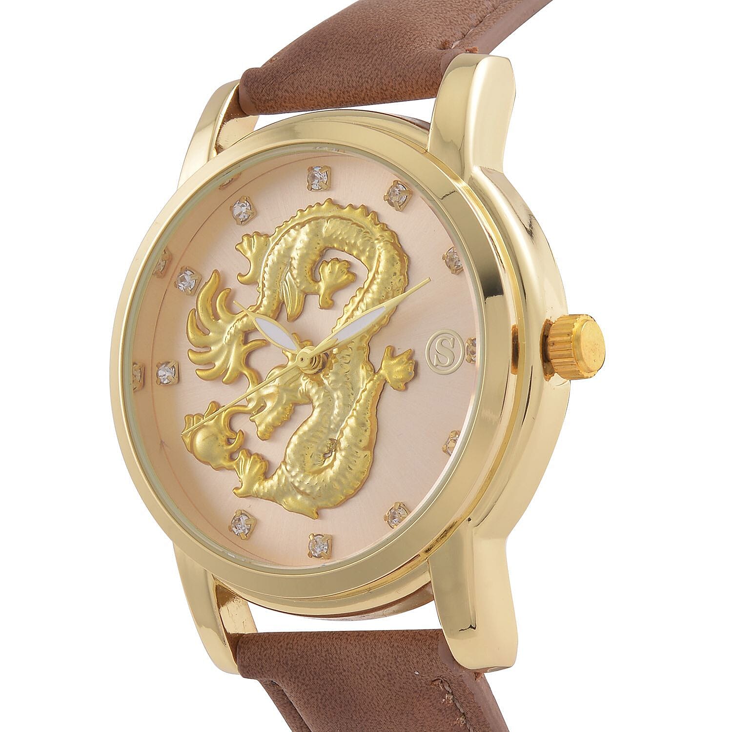 STRADA Japan Movt. Crystal Studded Gold Dragon White Dial Watch with Brown Leatherette Strap