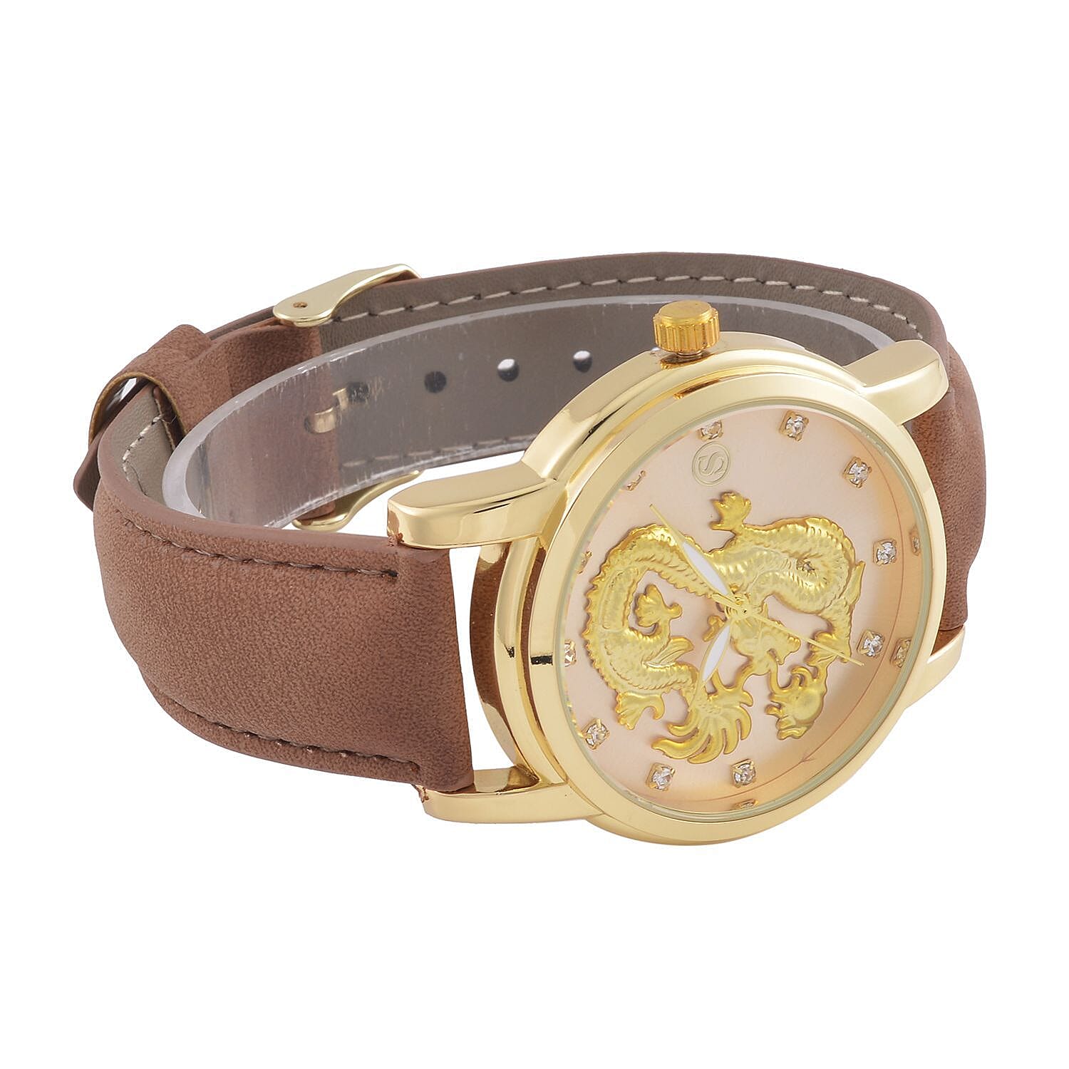 STRADA Japan Movt. Crystal Studded Gold Dragon White Dial Watch with Brown Leatherette Strap