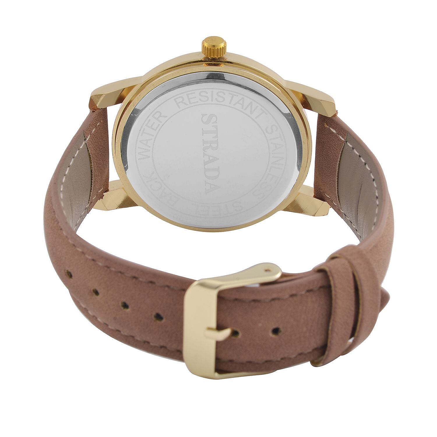 STRADA Japan Movt. Crystal Studded Gold Dragon White Dial Watch with Brown Leatherette Strap