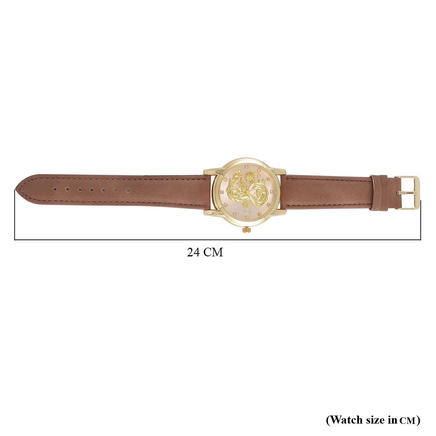 STRADA Japan Movt. Crystal Studded Gold Dragon White Dial Watch with Brown Leatherette Strap